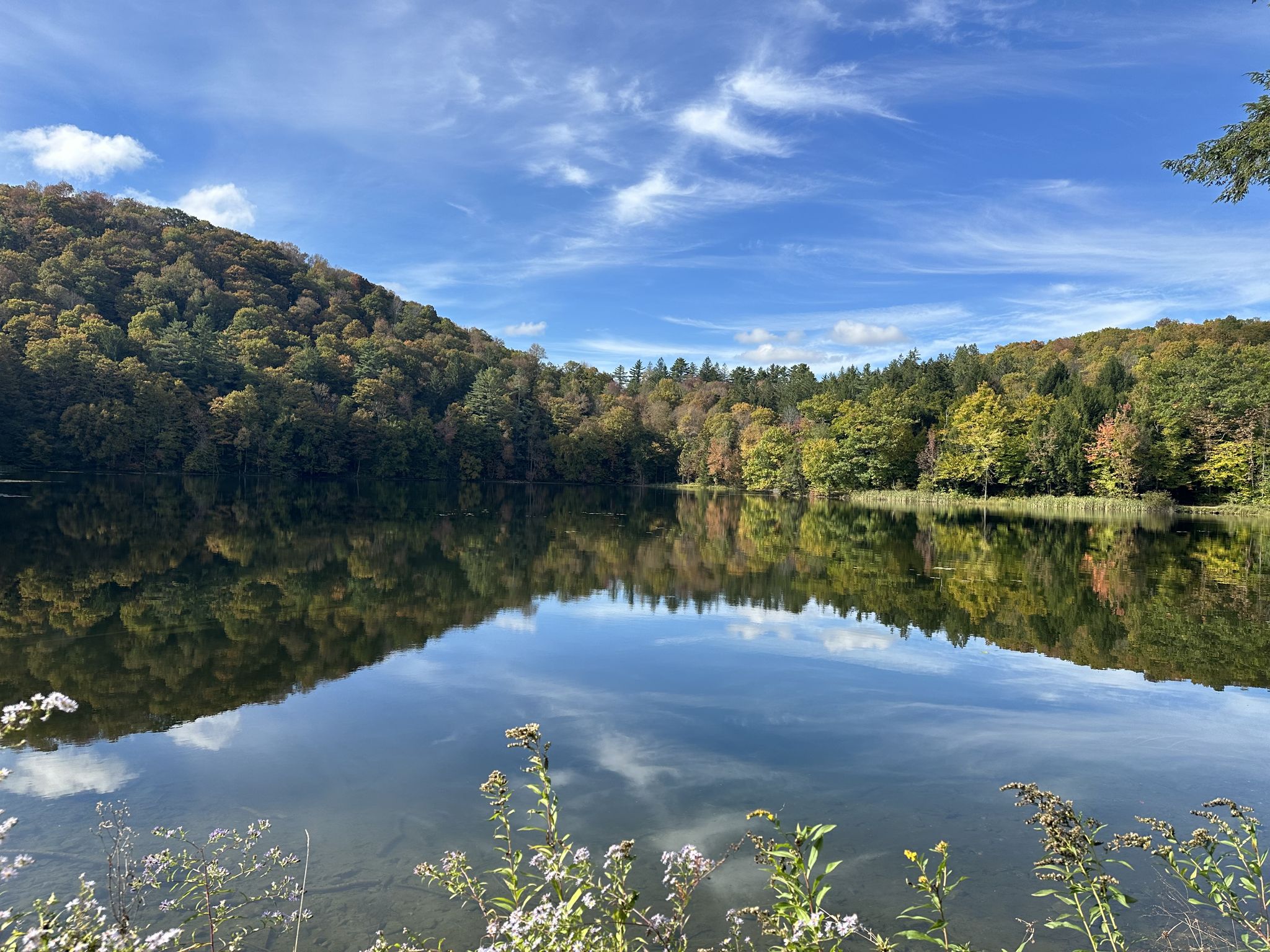 Calm lake reflecting forested hills and a bright blue sky. - The Pogue and Mount Tom Trail