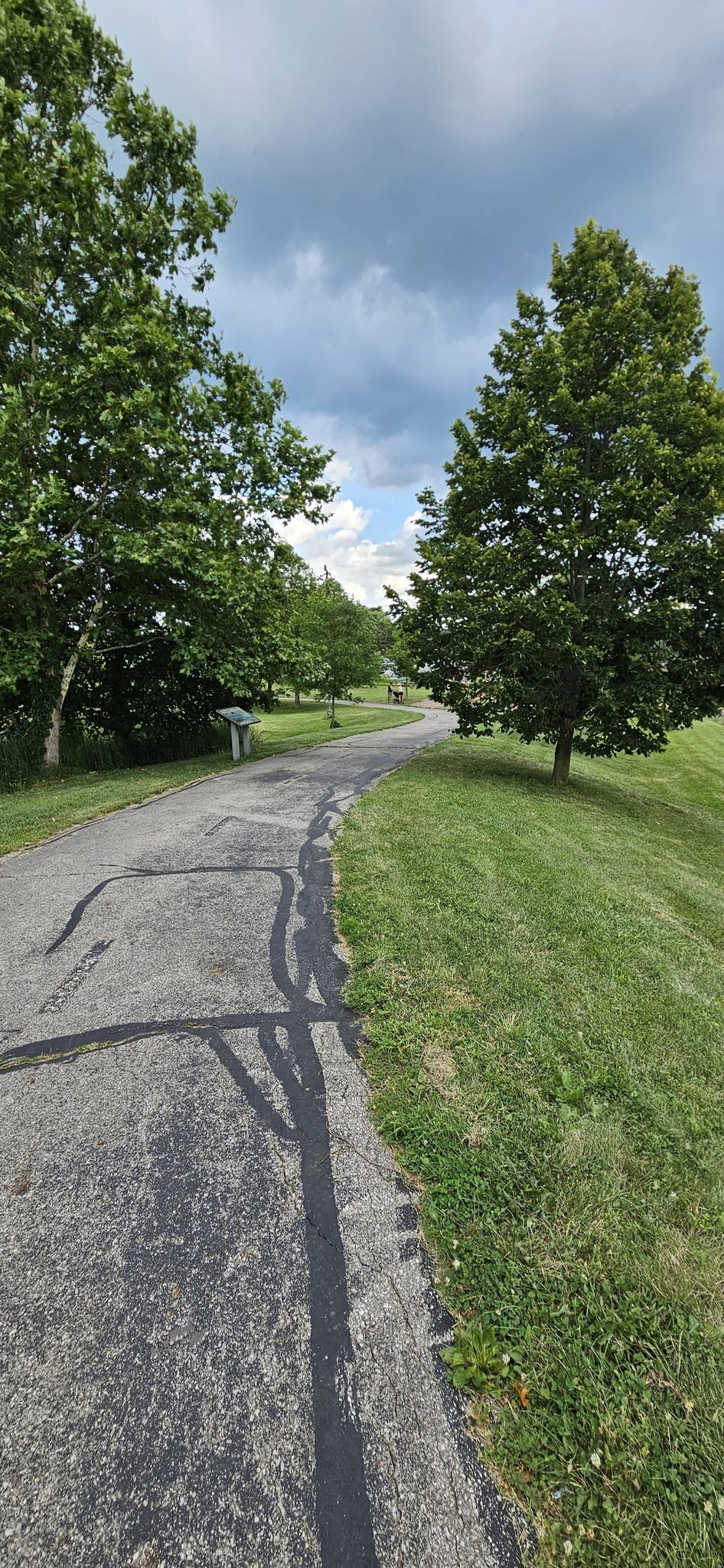 A winding paved path through a grassy area with tall green trees. - Big Walnut Creek Path – Hoover Reservoir Park loop from Minerva Park
