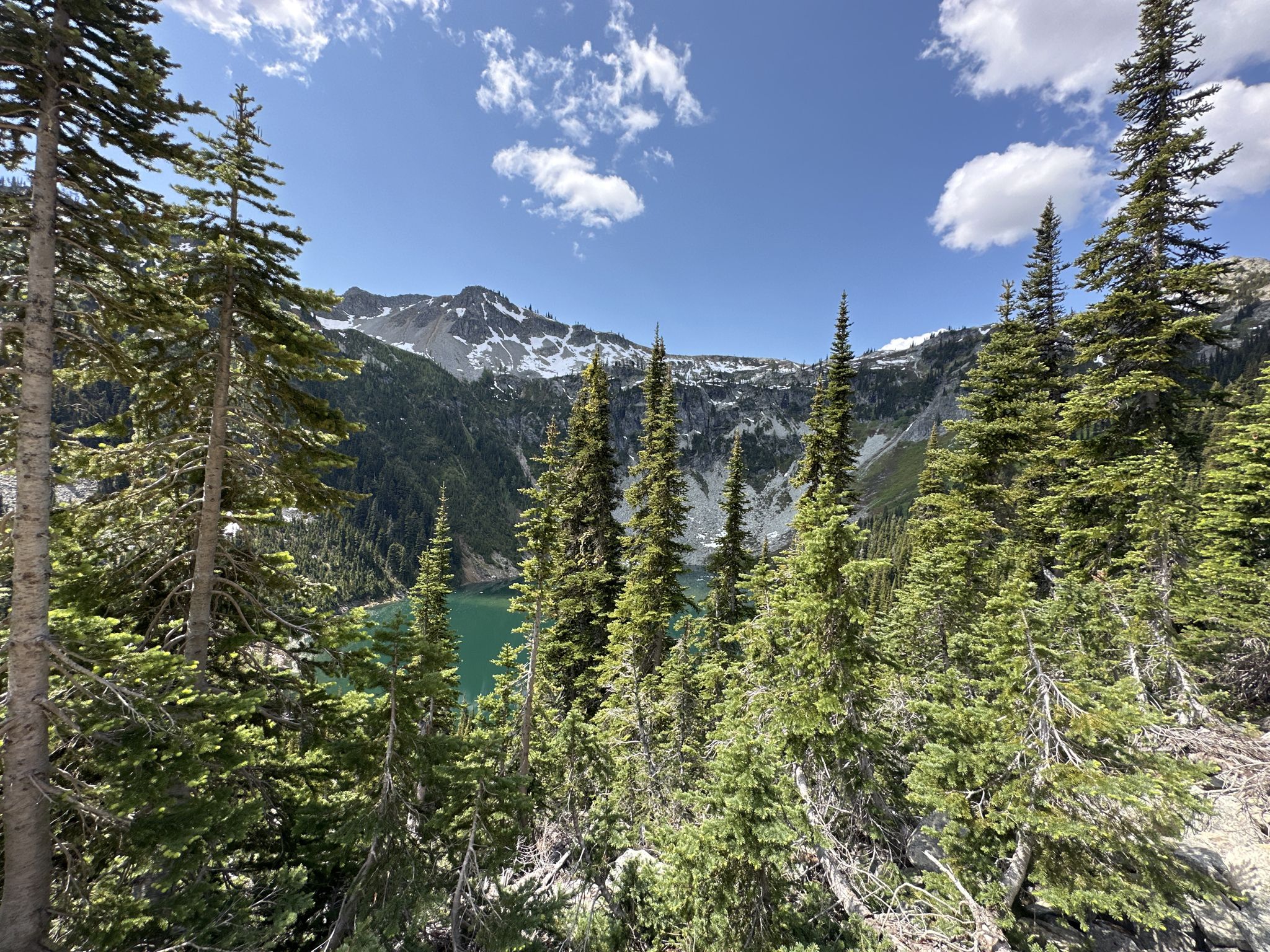 Mountain lake framed by pine trees, with snow-capped peaks under a blue sky. - Black Peak via Wing Lake Trail