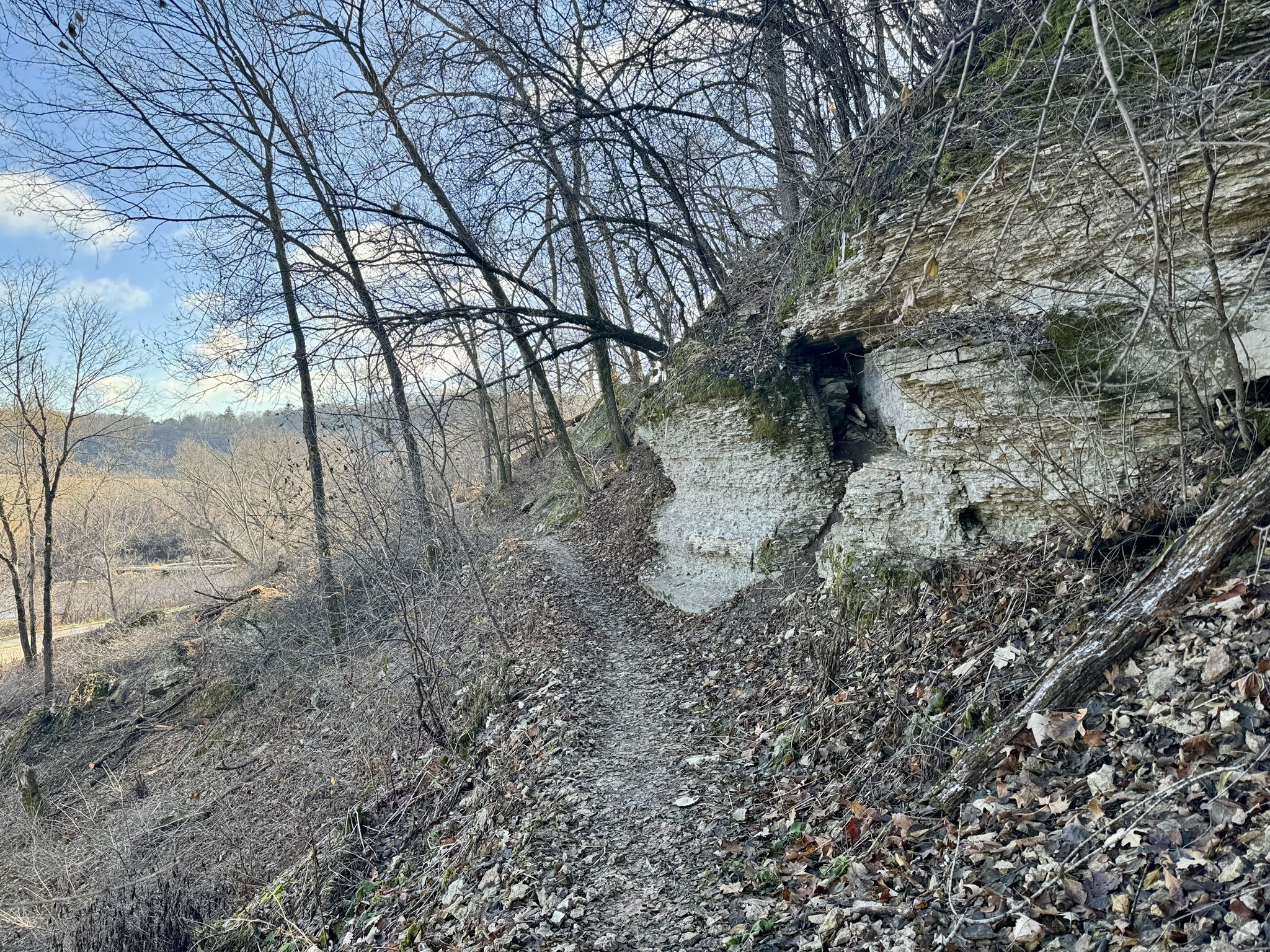 Narrow dirt trail along a rocky hillside with bare trees and fallen leaves. - Pulpit Rock Overlook via Yggdrasil Loop
