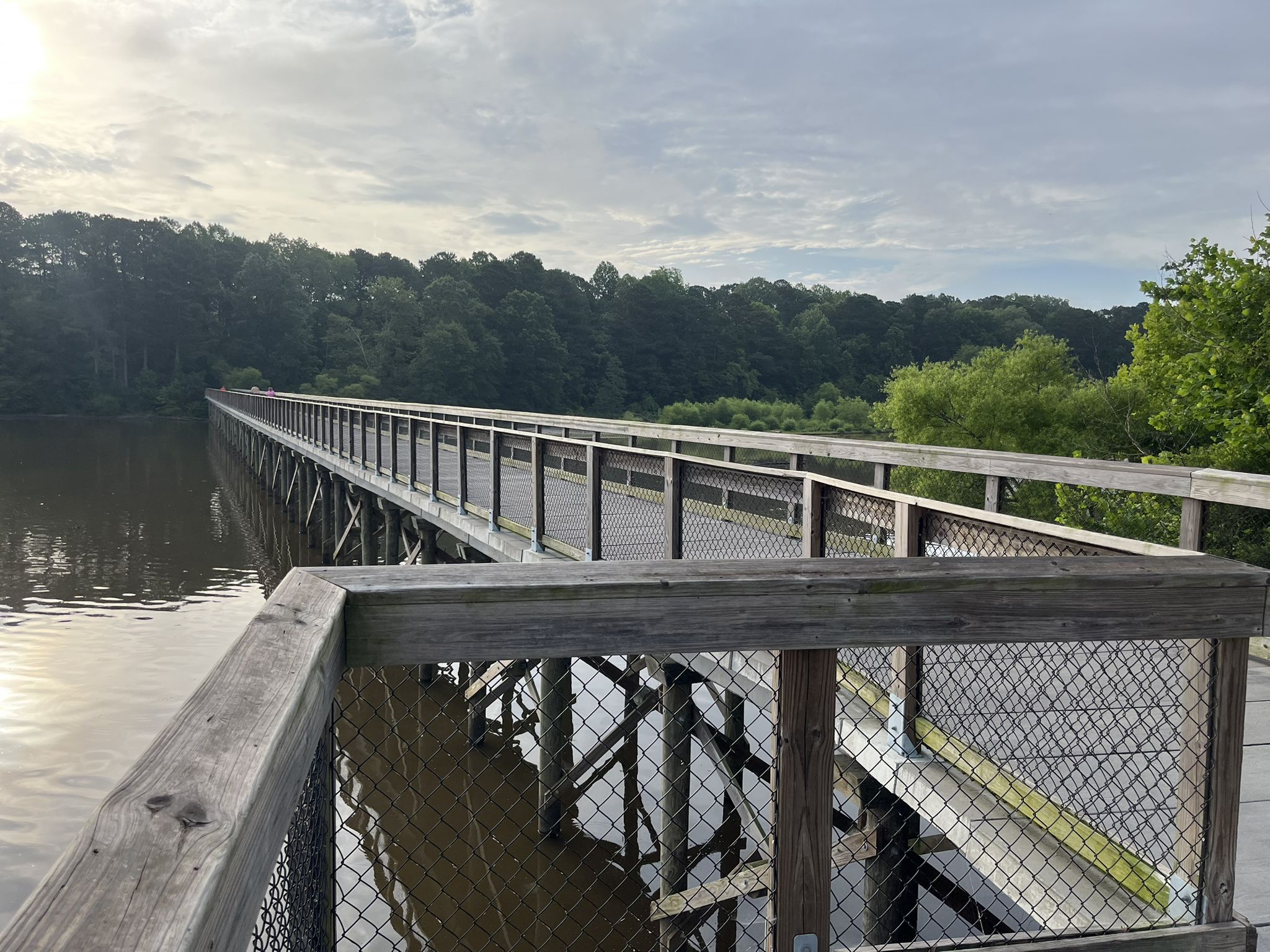 Long wooden boardwalk extending over calm water towards forested shores. - View of Lake Crabtree – Lake Crabtree loop from Morrisville