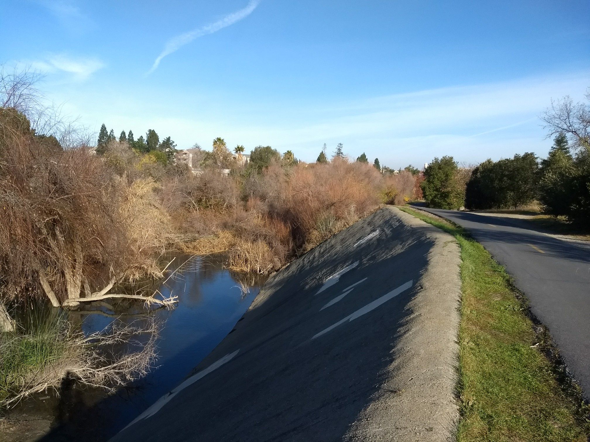 Sunny view of a paved path beside a canal with lush vegetation. - Los Gatos Creek Trail
