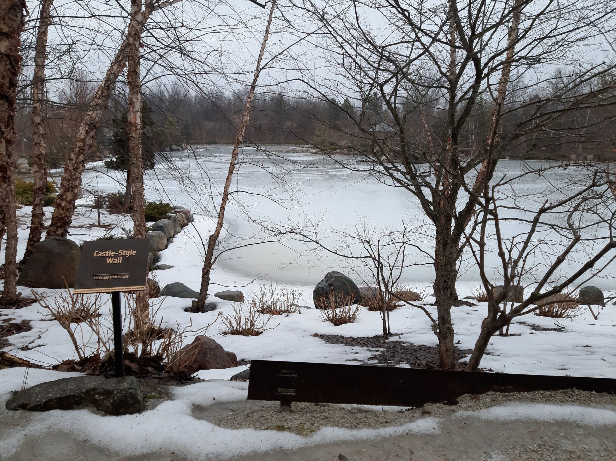 A frozen pond surrounded by bare trees and snow on an overcast day. - Meijer Gardens