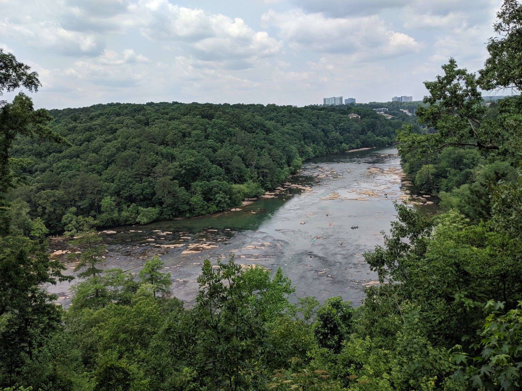 Elevated view of a wide river flowing through dense green forest. - East Palisades North Loop