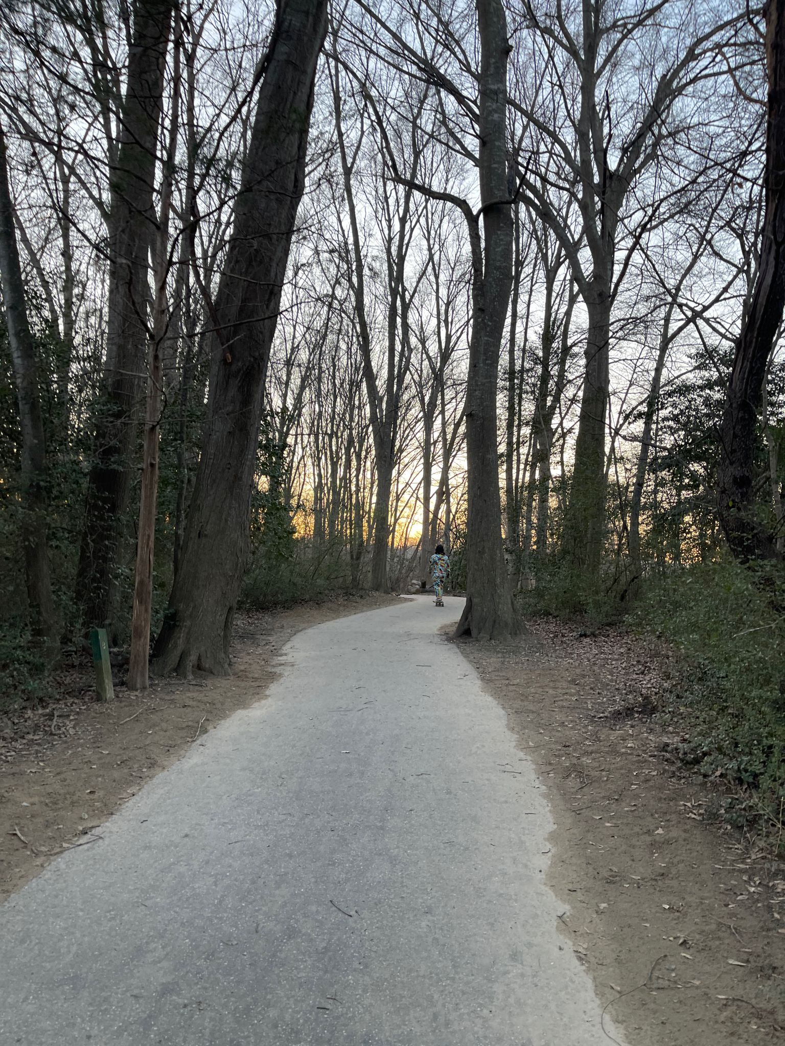 Paved path through a forest at dusk, person walking into warm light. - Catawba River Greenway