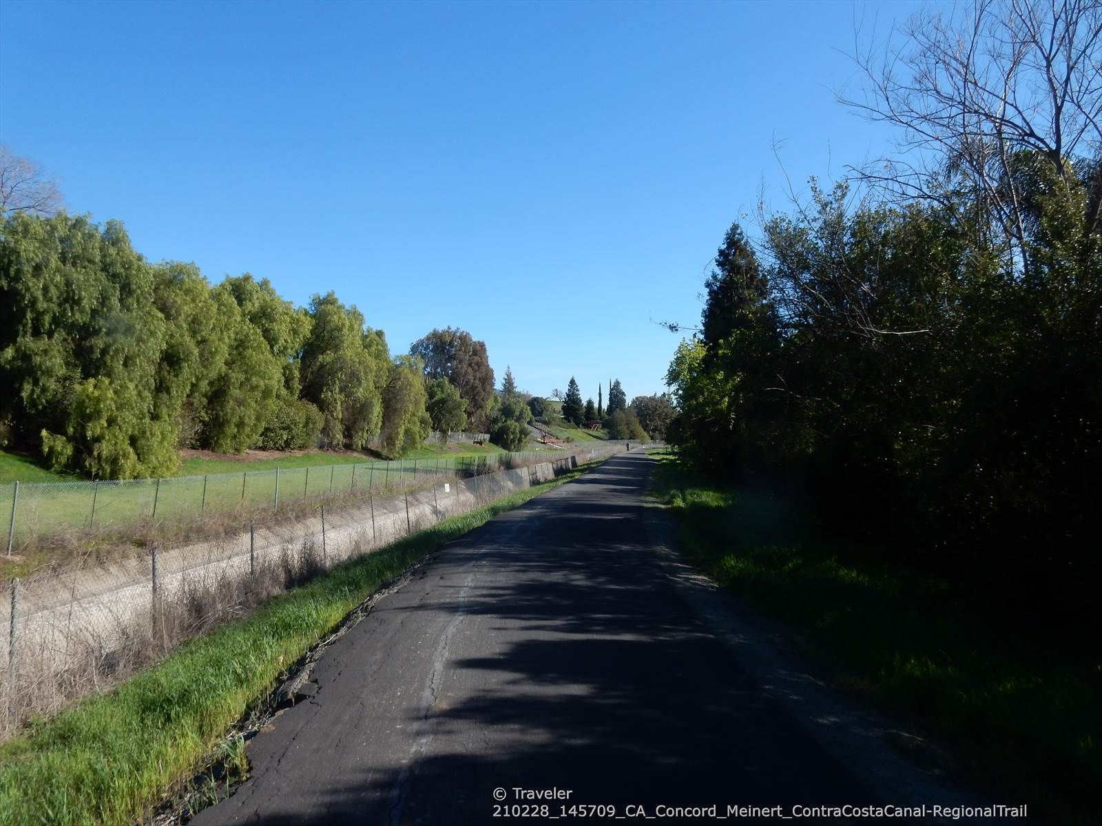 Paved path beside a concrete canal, surrounded by green trees. - Contra Costa Canal Trail