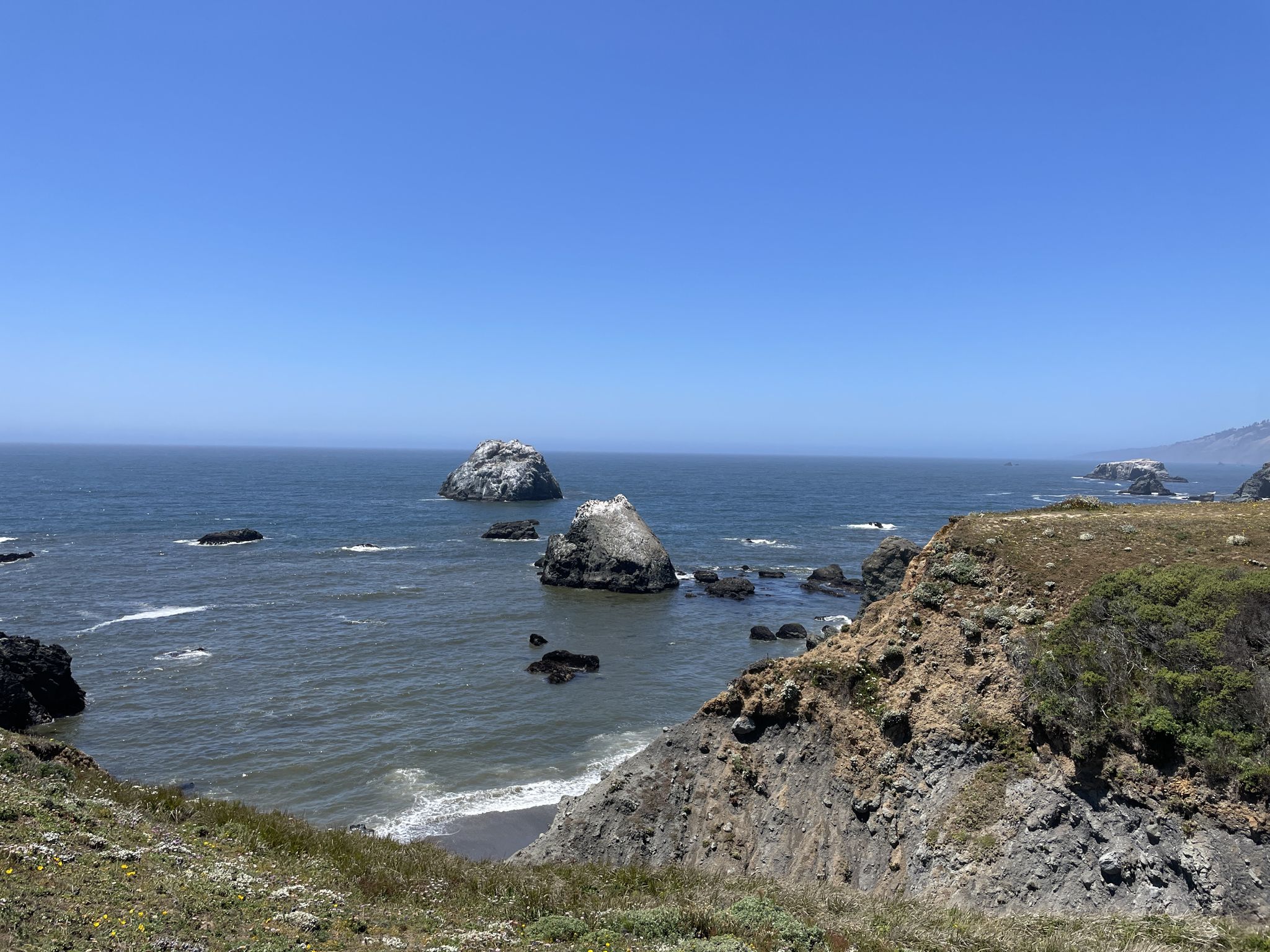 Bright ocean scene with sea stacks, rocky shore, and clear blue sky. - Goat Rock – Peaked Hill Viewpoint loop from Jenner