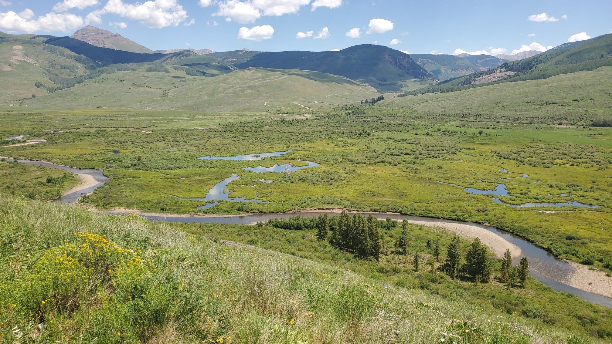 A winding river flows through a vast green valley under a sunny sky. - East River Trail