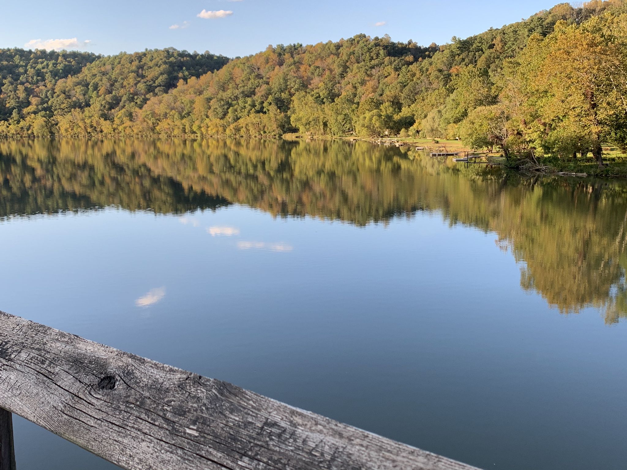 Calm river reflecting autumn trees and sky under bright daylight. - New River Bridge – Whistle Stop Inn loop from Radford