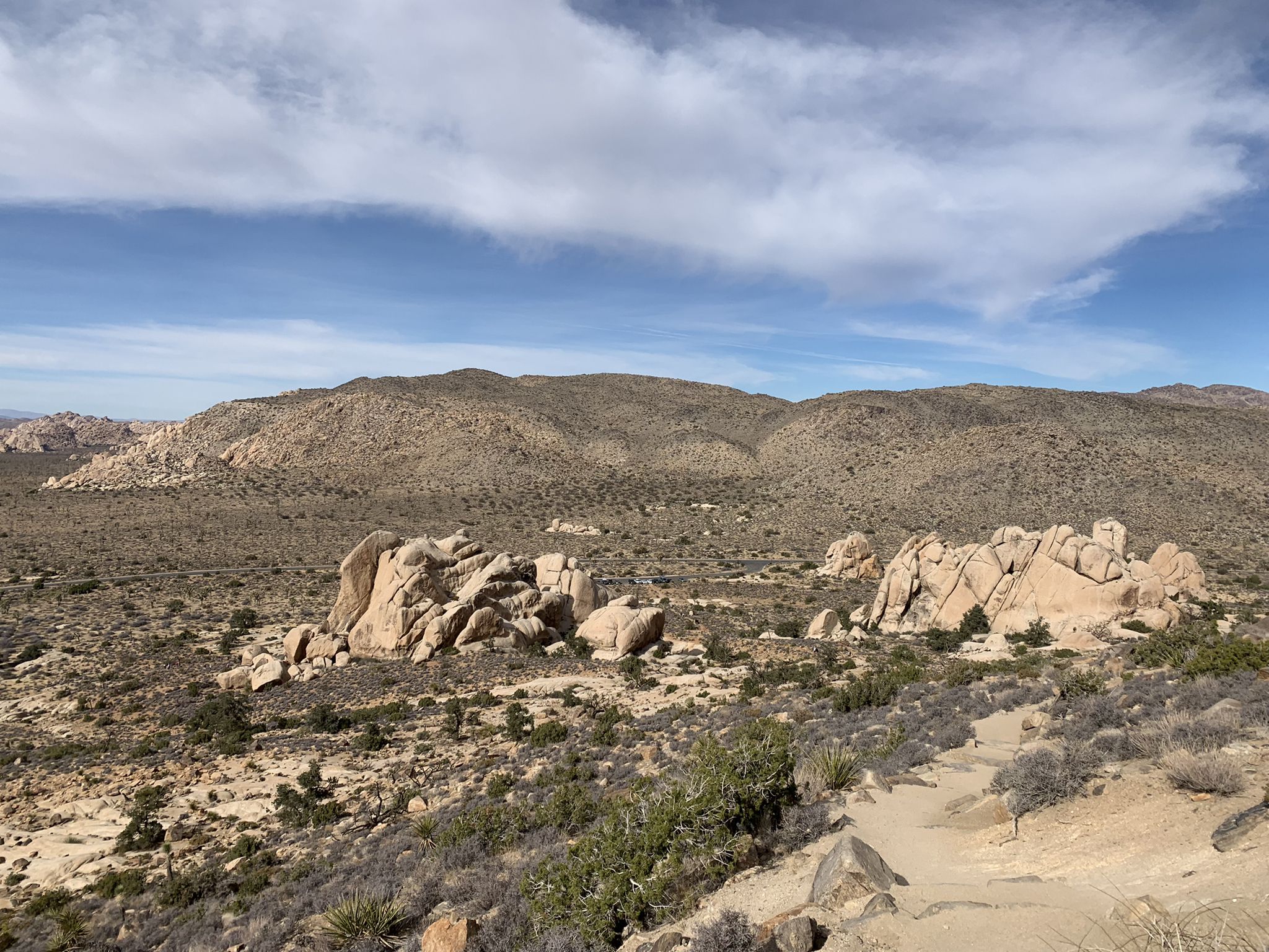Desert landscape with large rock formations, distant hills, and a partly cloudy sky. - Ryan Mountain Trail