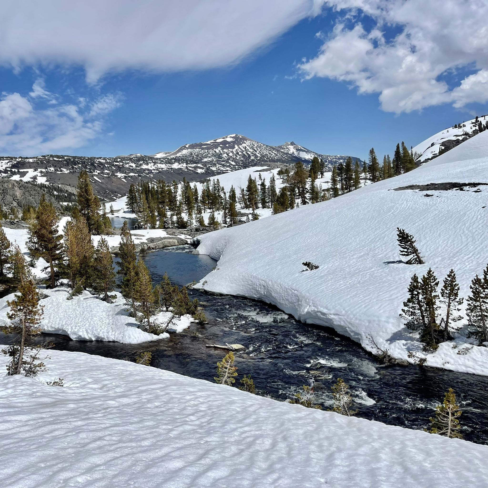 Bright snowy mountain landscape with a flowing river, evergreen trees, and distant peaks. - Thousand Island Lake via Rush Creek Trail