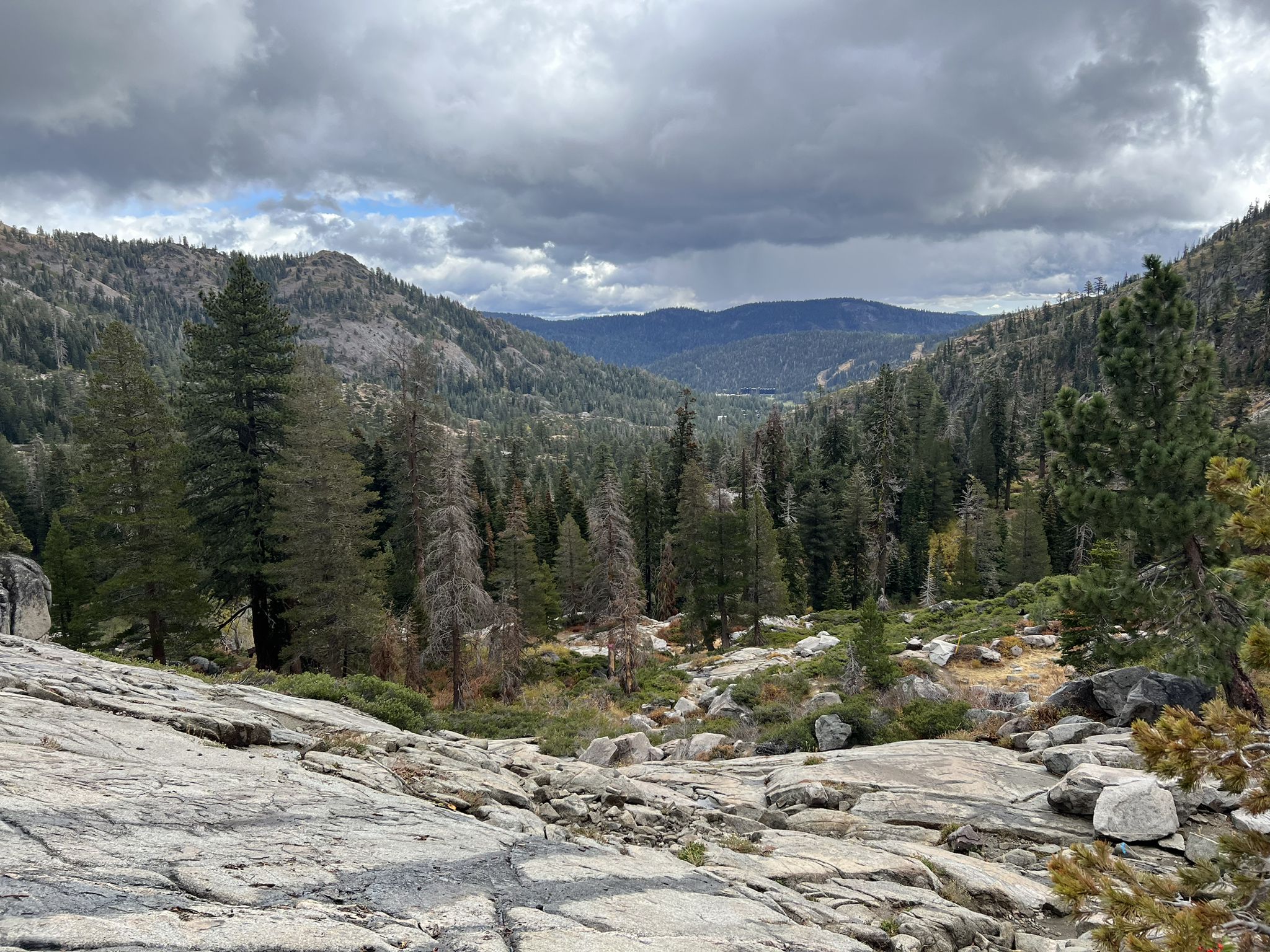 Mountain valley with dense forest under a dramatic cloudy sky. - Shirley Canyon Trail