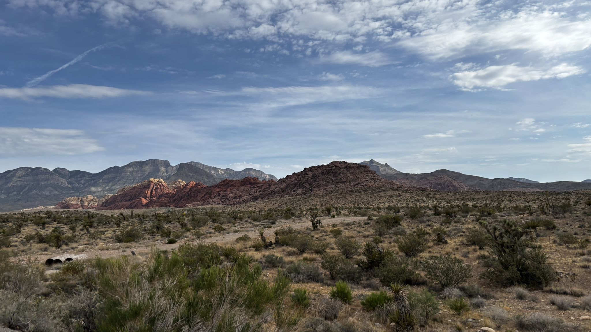Wide desert panorama with distant mountains and sparse vegetation under blue sky. - Red Rock Canyon Overlook – Blue Diamond loop from Southbound Fort Apache after Reno
