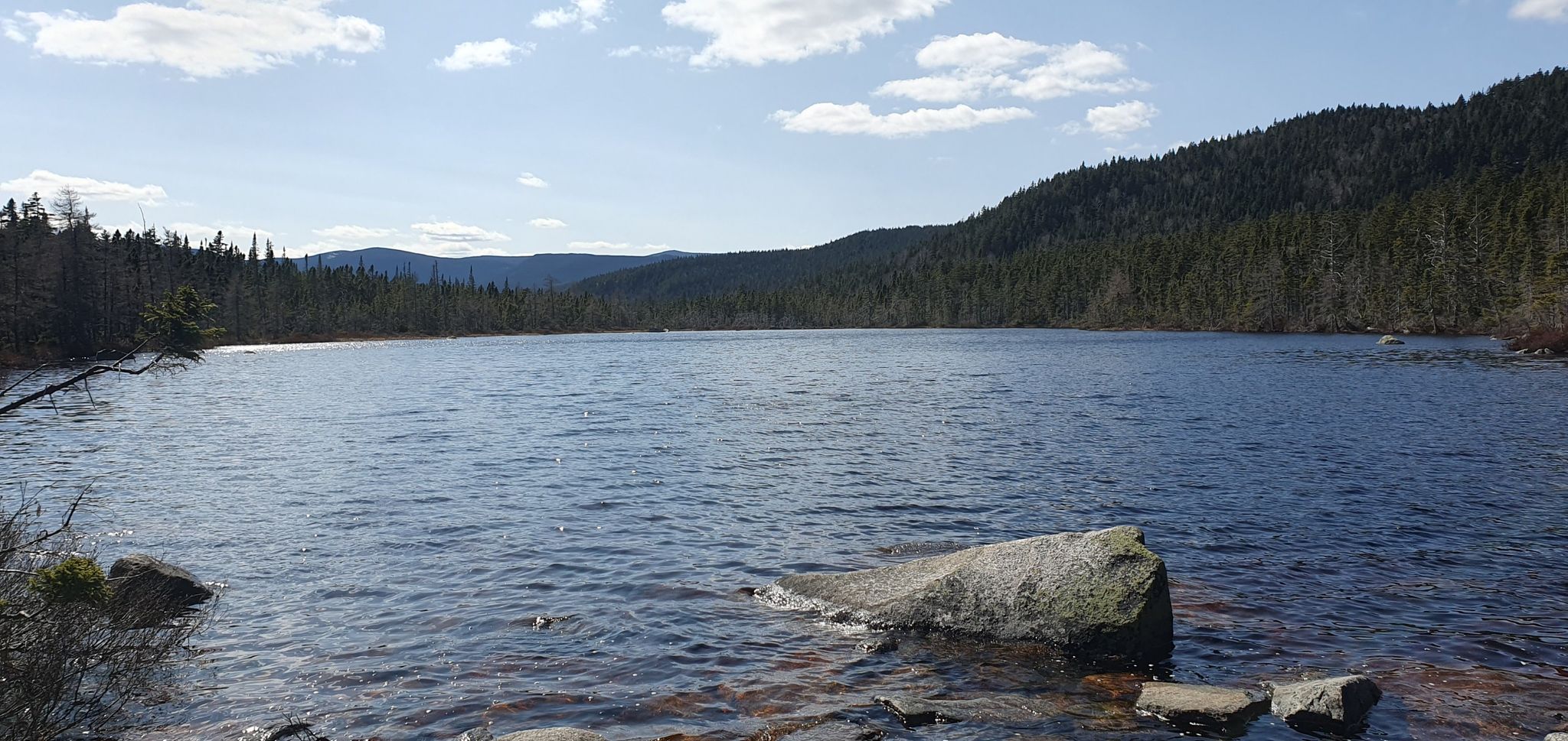 A wide lake with forested shores and mountains under a partly cloudy sky. - Ethan Pond Trail