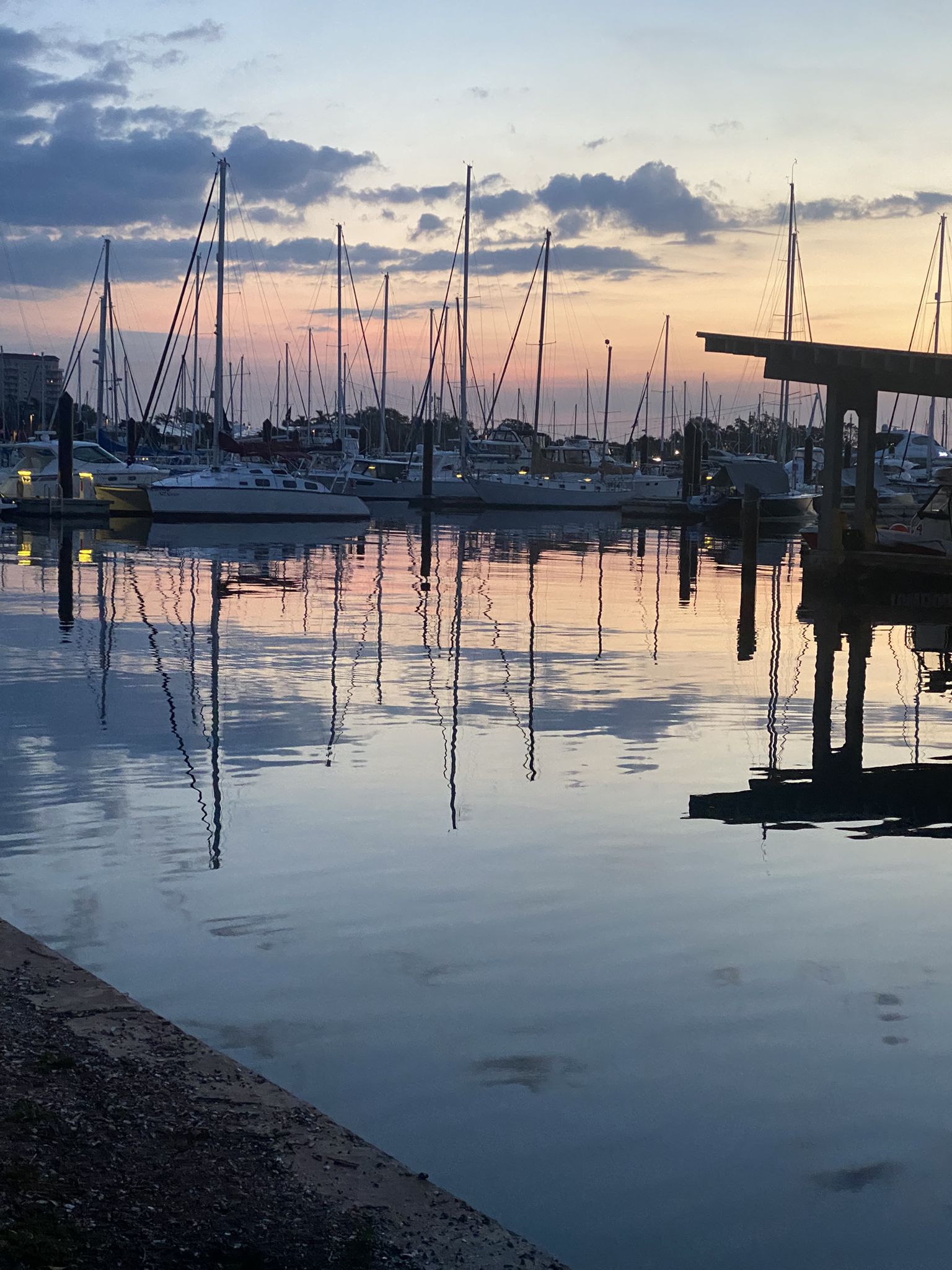 Sailboats docked in a marina at dusk, with colorful sky reflections on water. - Pinellas Trail – Demens Landing Park loop from Gulfport
