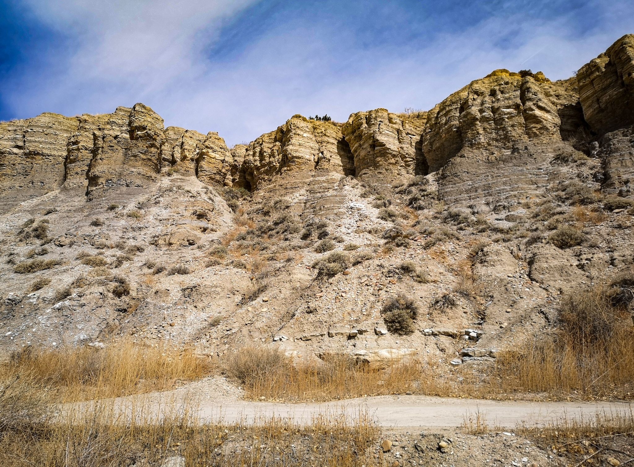 A steep, rugged rocky cliff face with dry vegetation and a dirt path. - Arkansas River Trail