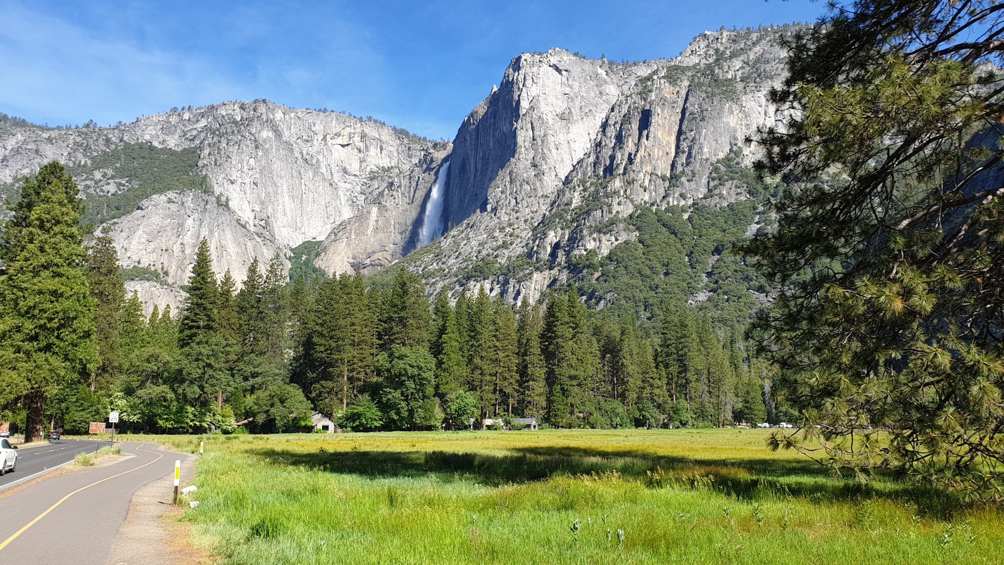 Waterfall cascades down a massive rock face, with green meadow and pine trees. - Yosemite Valley Loop Trail
