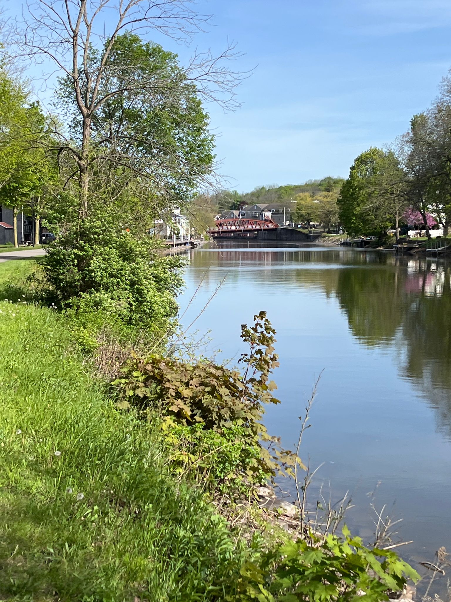 A calm river with a distant bridge and green trees on a sunny day. - Bridge over the Erie Canal loop from Perinton