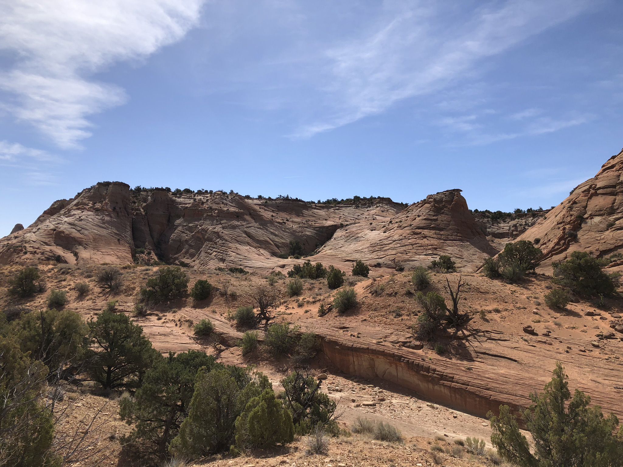 Desert landscape with layered rock formations, sparse bushes, under a partly cloudy sky. - Zebra and Tunnel Slot Canyons Trail