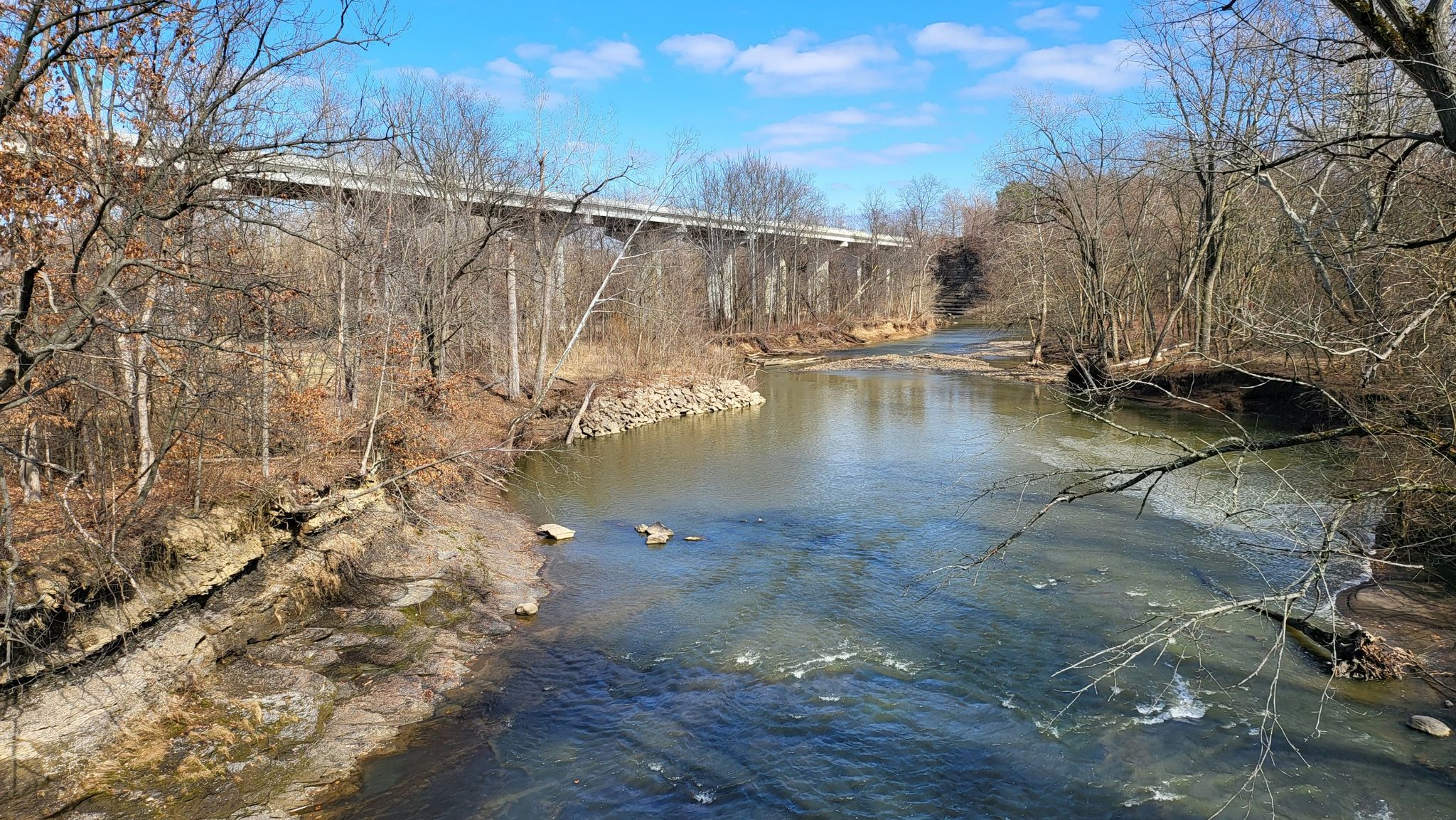 River flowing under a large bridge, surrounded by bare trees on a sunny day. - Black River – Black River Bridge loop from Century Park