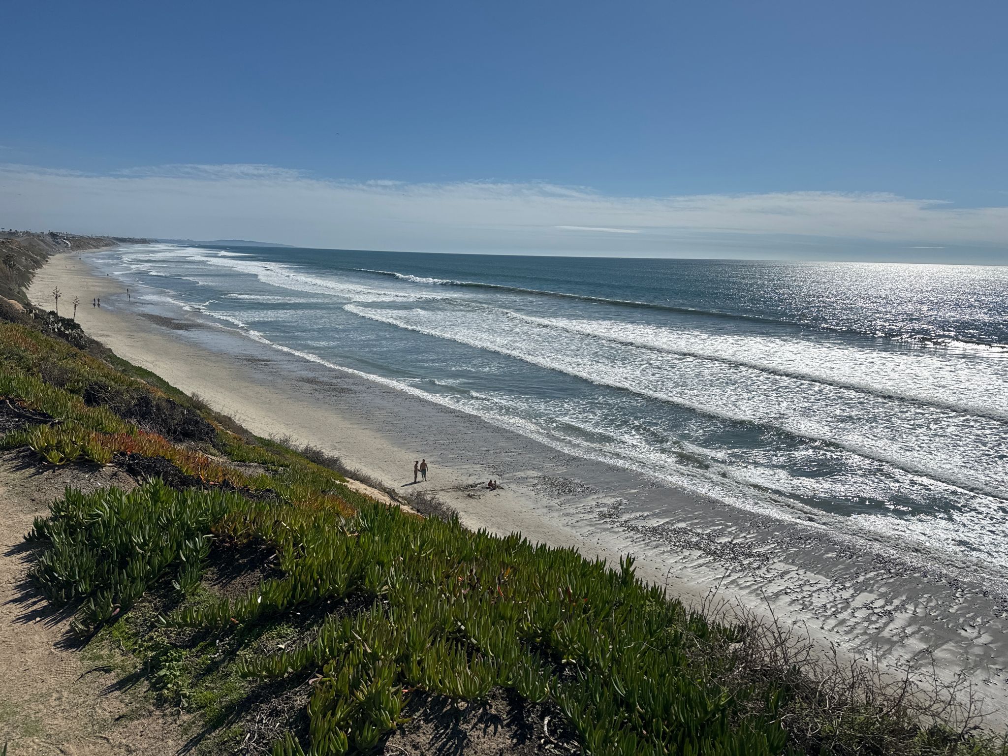 Sunny beach with ocean waves, coastal cliffs, and two people walking. - South Carlsbad State Beach – Buena Vista Lagoon Reserve loop from El Camino Real