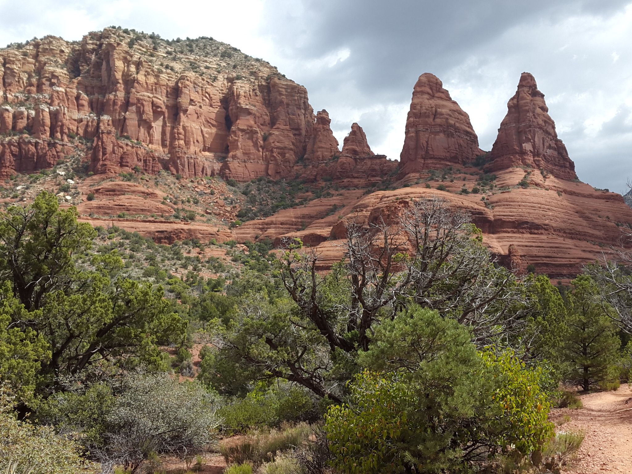 Red rock formations under a cloudy sky, with green and dry bushes. - Little Horse Trail