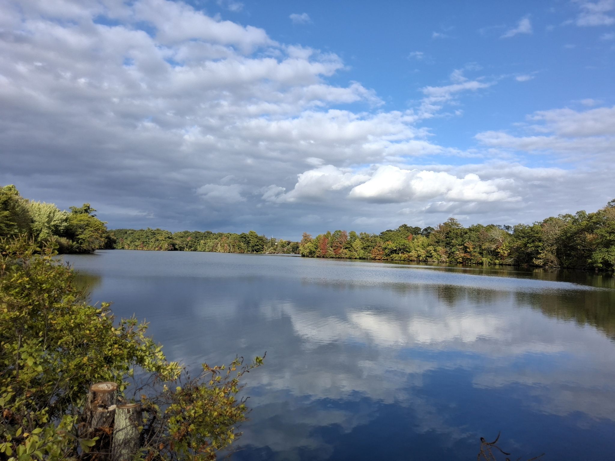 A wide lake reflects a cloudy sky, surrounded by lush green trees. - Big Lakes Trail