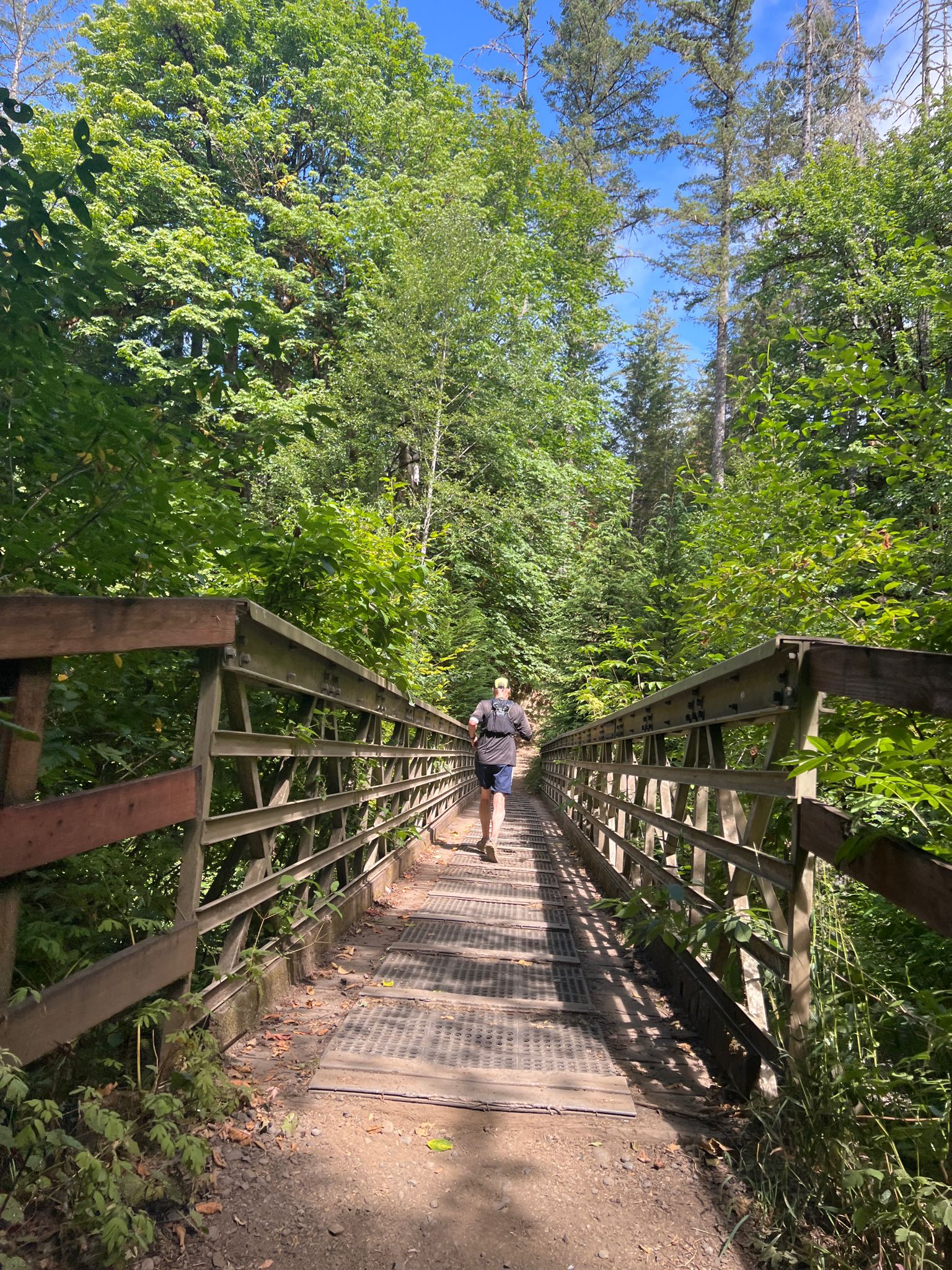 A person runs across a long wooden bridge through a vibrant green forest. - Margaret McKenny Campground – Capitol State Forest loop from Mima Mounds Natural Area Preserve