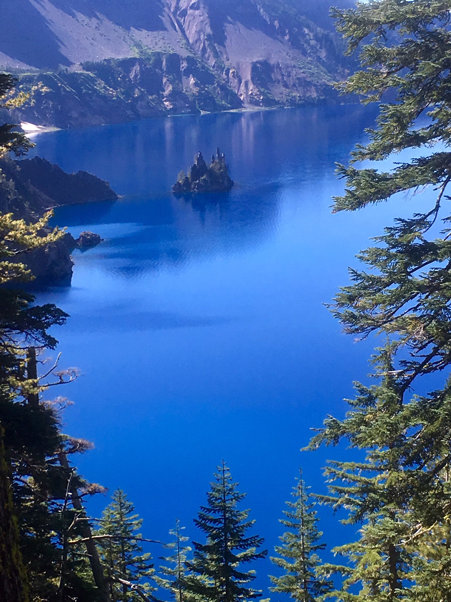Deep blue lake with a small island, framed by sunlit pine trees. - Vidae Falls-Grayback Drive-Loop