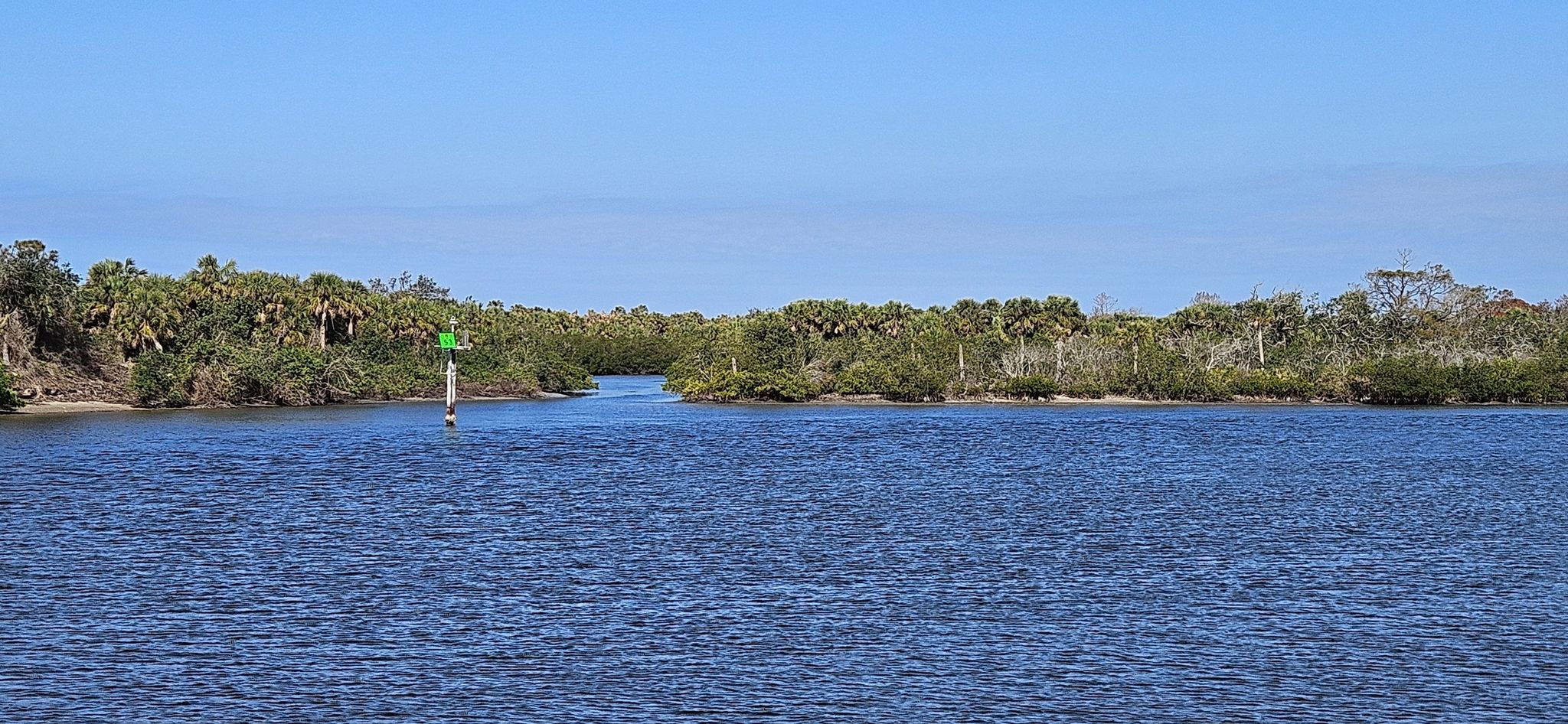 Wide river with dense green banks under a clear blue sky. - Venice Train Depot loop from Osprey