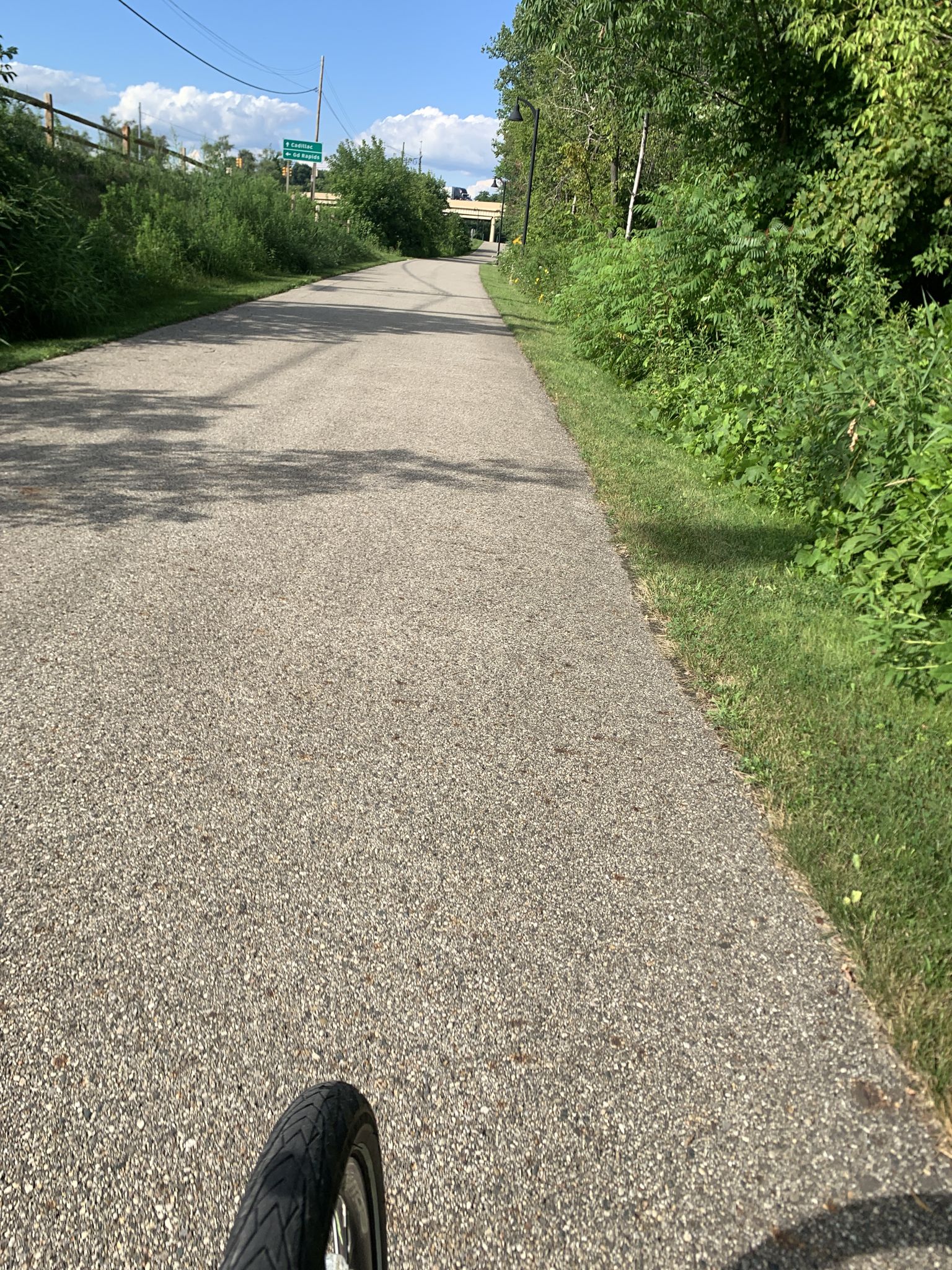 Paved path through green foliage, with a bicycle wheel in the foreground. - White Pine Trail – White Pine Trail loop from The Delta Plex