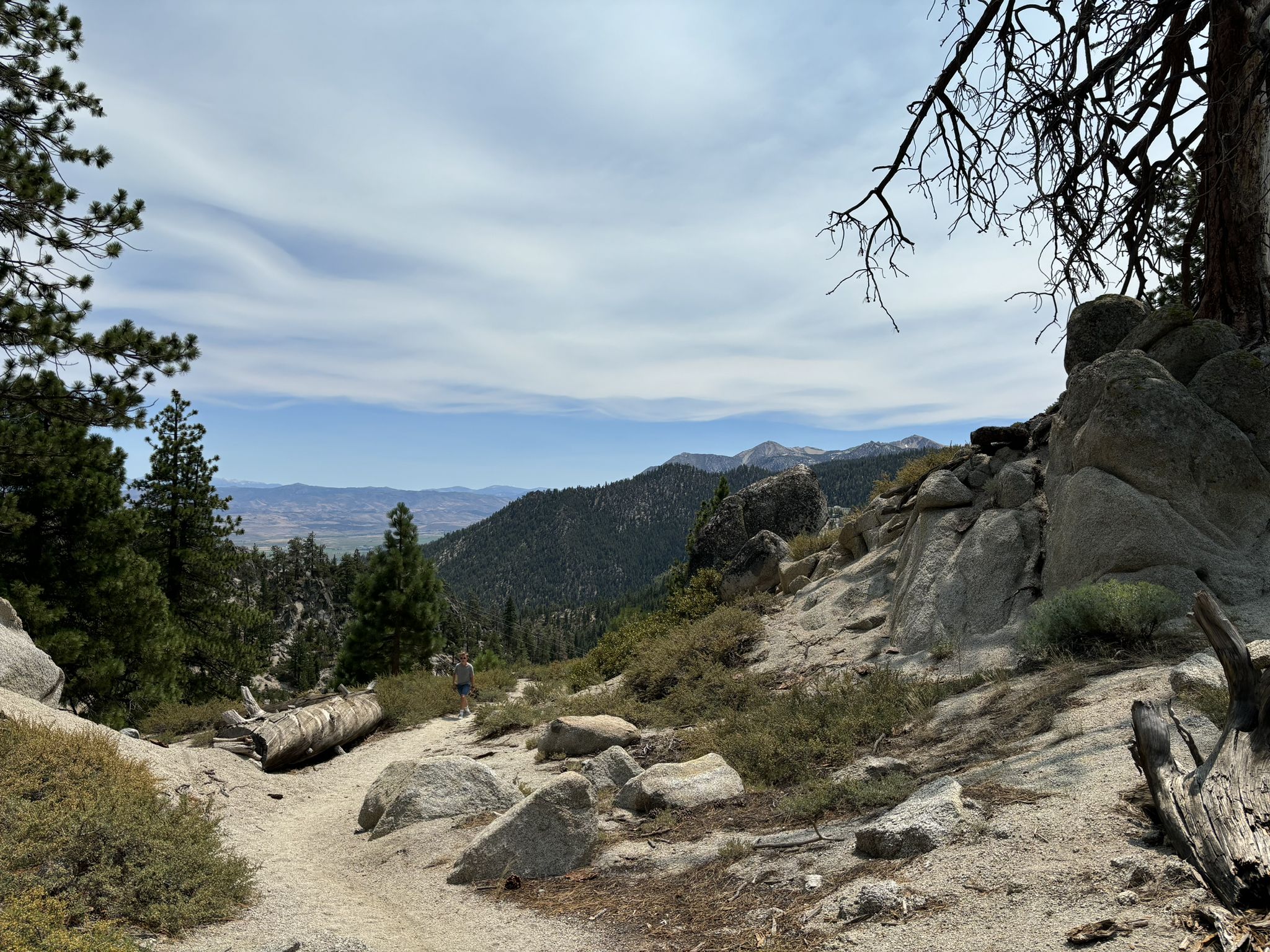 Dirt path winding through rocky, forested mountains under a partly cloudy sky. - Tahoe Rim Trail: Daggett North and Castle Rock Loop