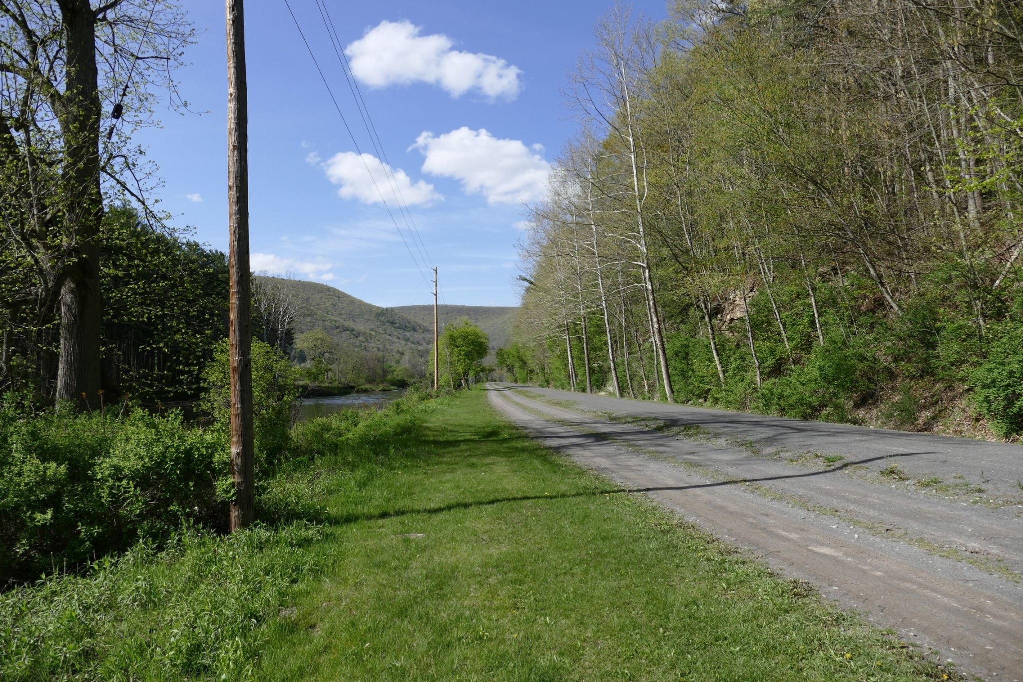 Dirt road with a power pole, forested hills, and blue sky with clouds. - Pine Creek loop from State Game Lands Number 313