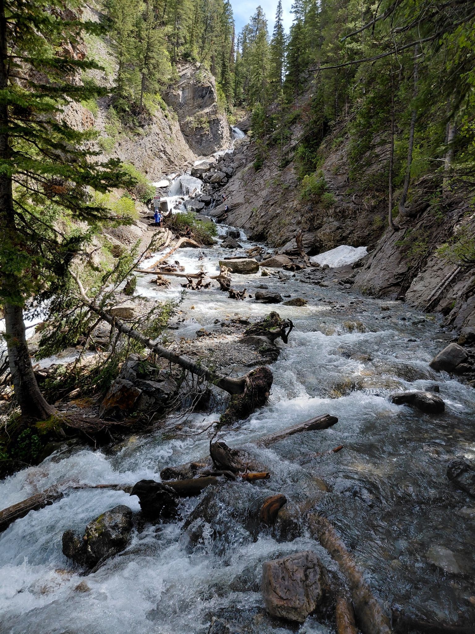 Rushing river flows through a rocky, forested canyon with distant people. - Donut Falls Trail
