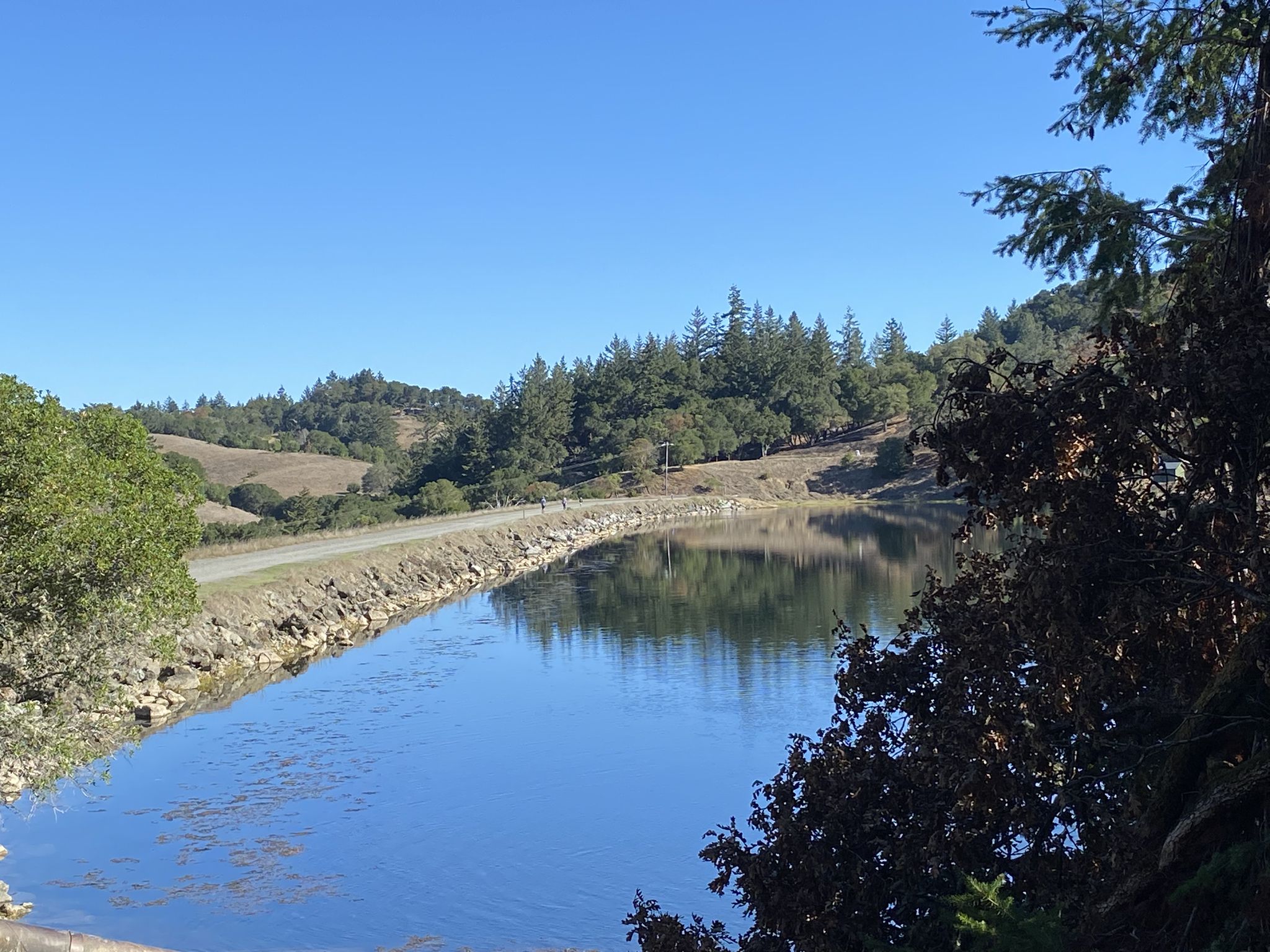 Calm water reflecting clear sky, bordered by dry hills and scattered trees. - Cataract Falls and Potrero Meadows Loop