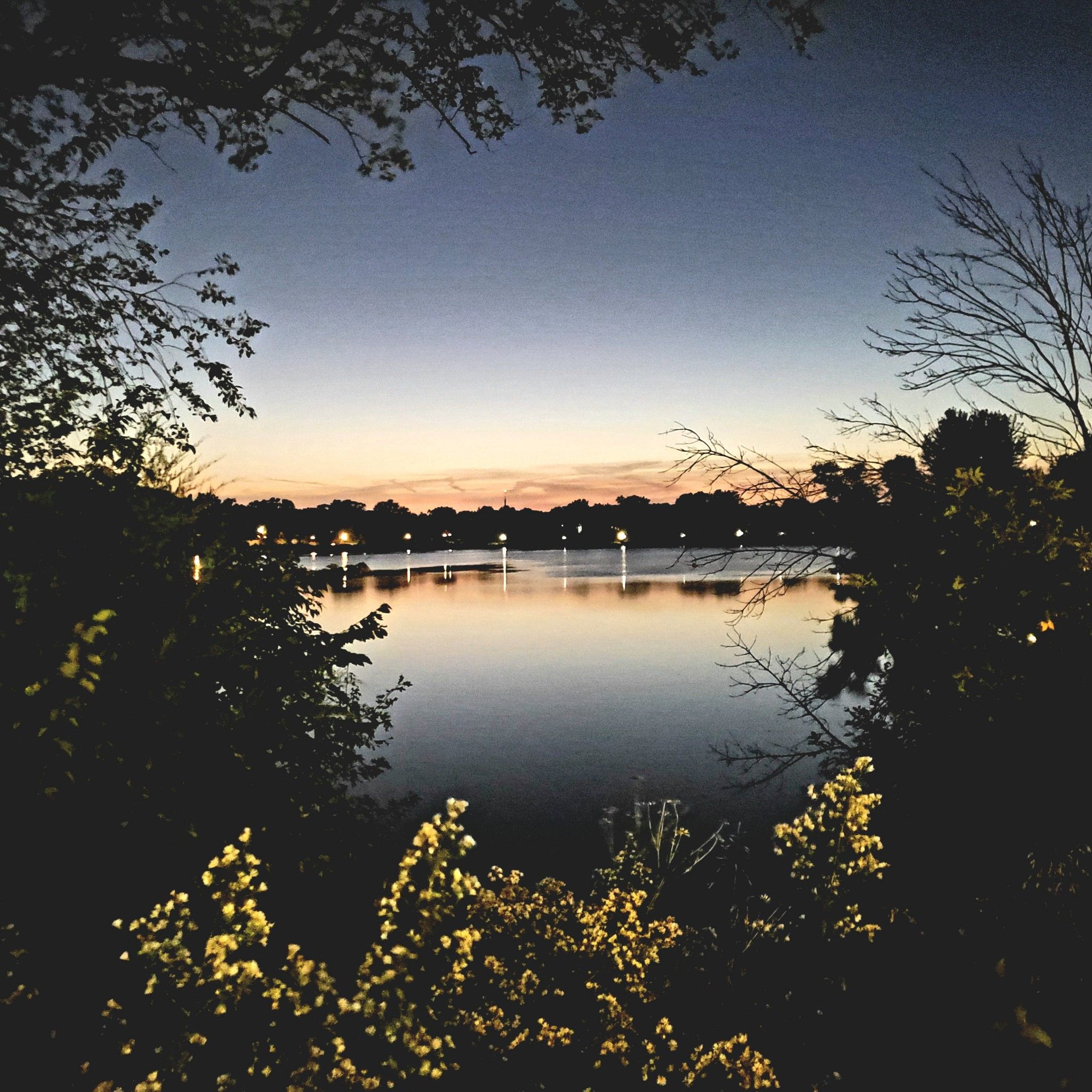 A lake reflects distant lights at dusk, framed by dark foliage. - Como Lake – Como Lake loop from Roseville