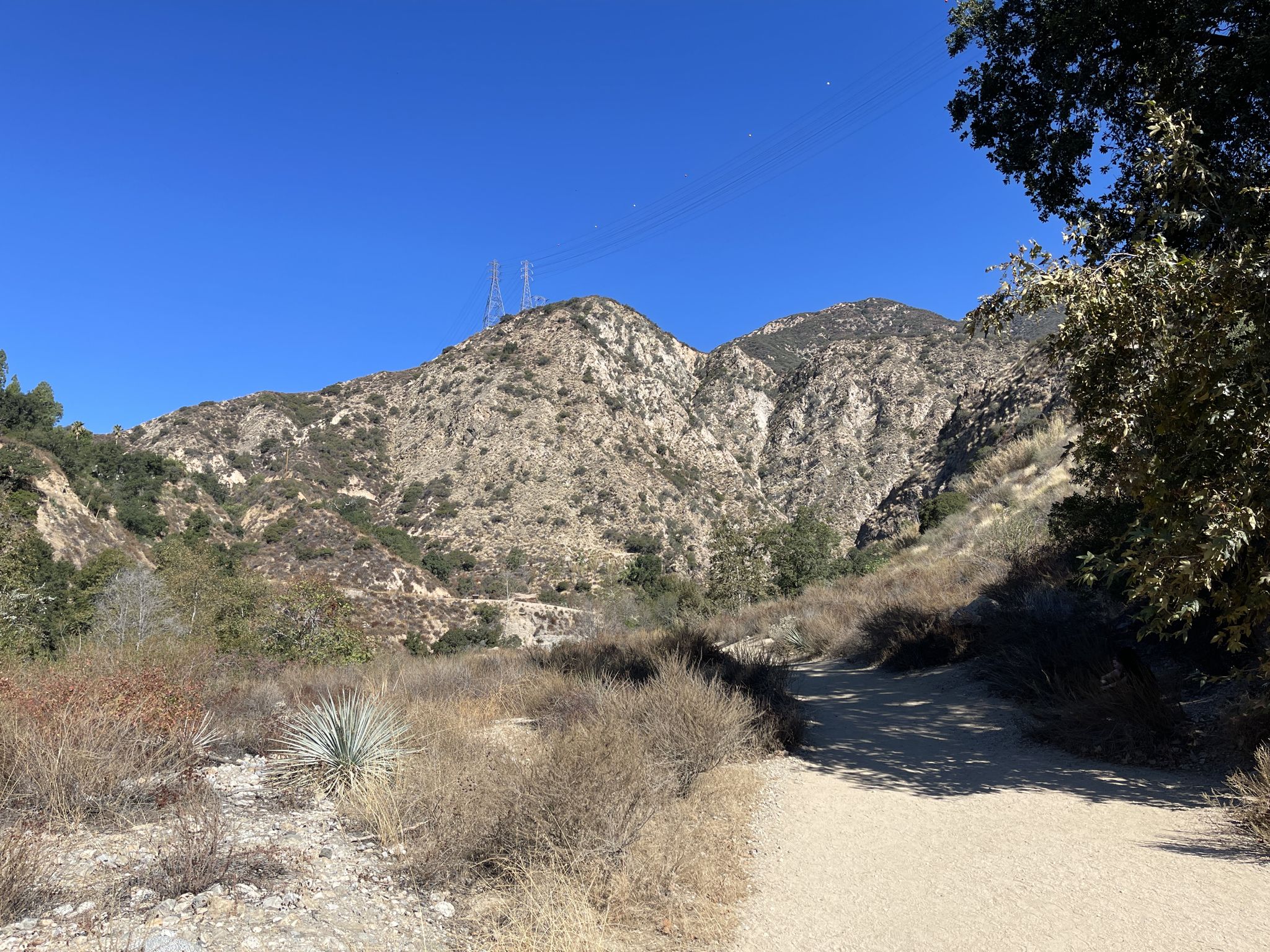 A clear dirt path leads towards rocky mountains under a bright blue sky. - Eaton Canyon Trail – Eaton Canyon Creek loop from Eaton Canyon Open Space