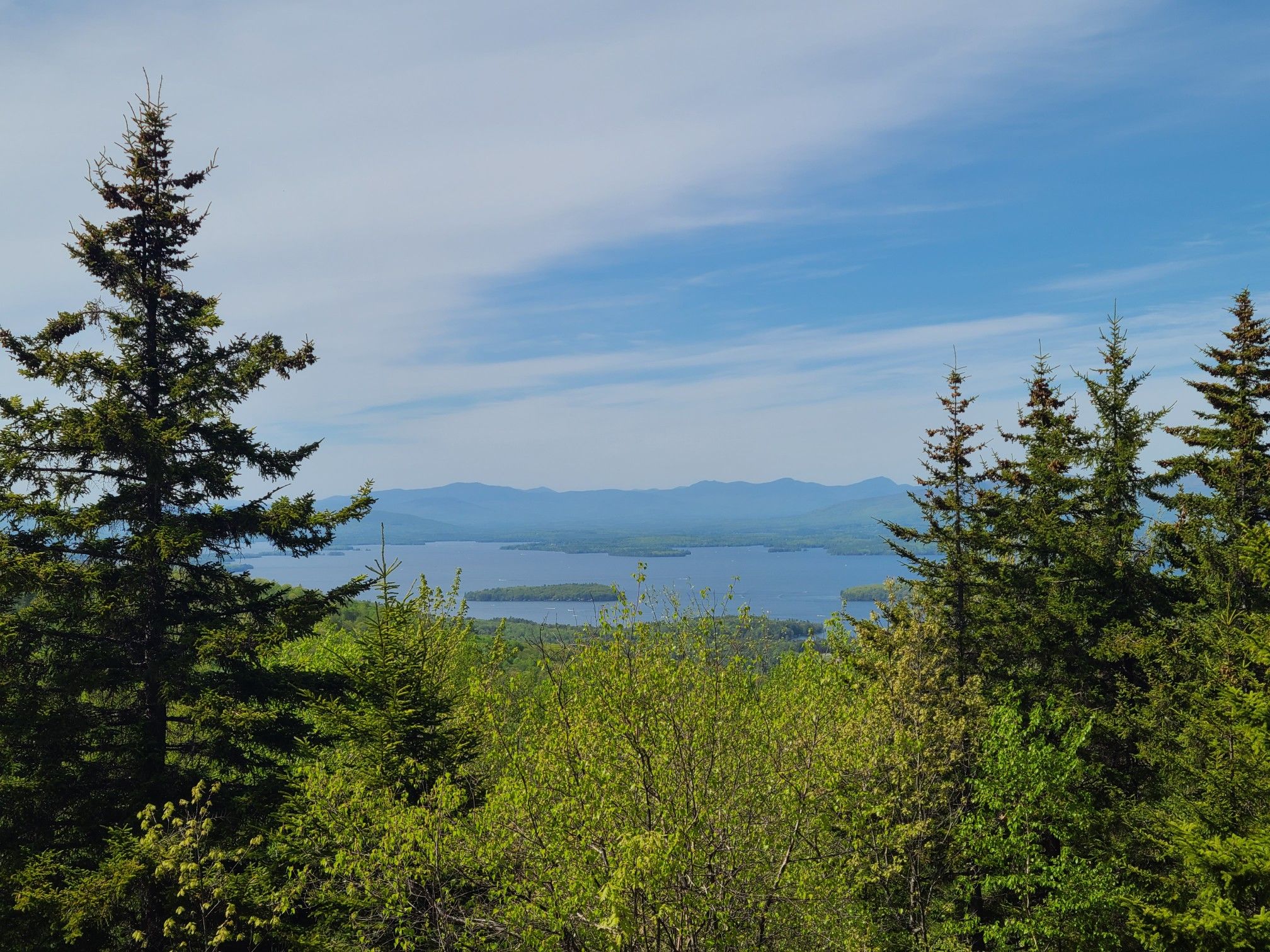 Evergreen trees frame a clear view of a lake and distant mountains. - North Straightback Mountain via Brook and Belknap Range Trails