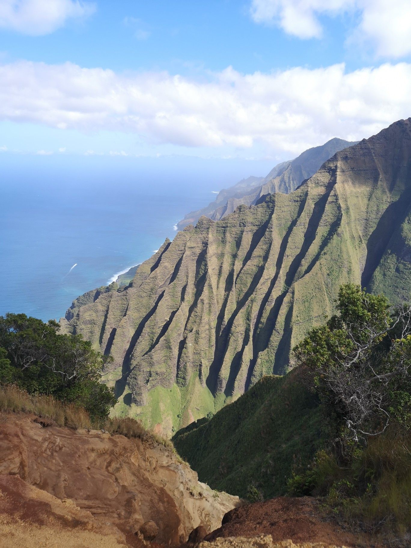 Layered green cliffs and a deep valley overlooking the distant blue ocean. - Honopu Ridge Trail