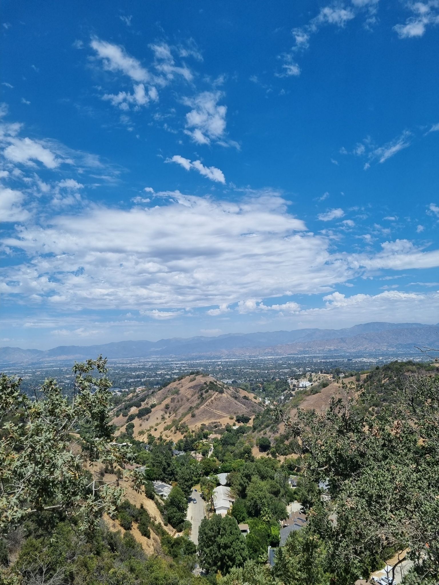 Green valley with houses and distant mountains under a blue, cloudy sky. - Franklin Canyon Loop