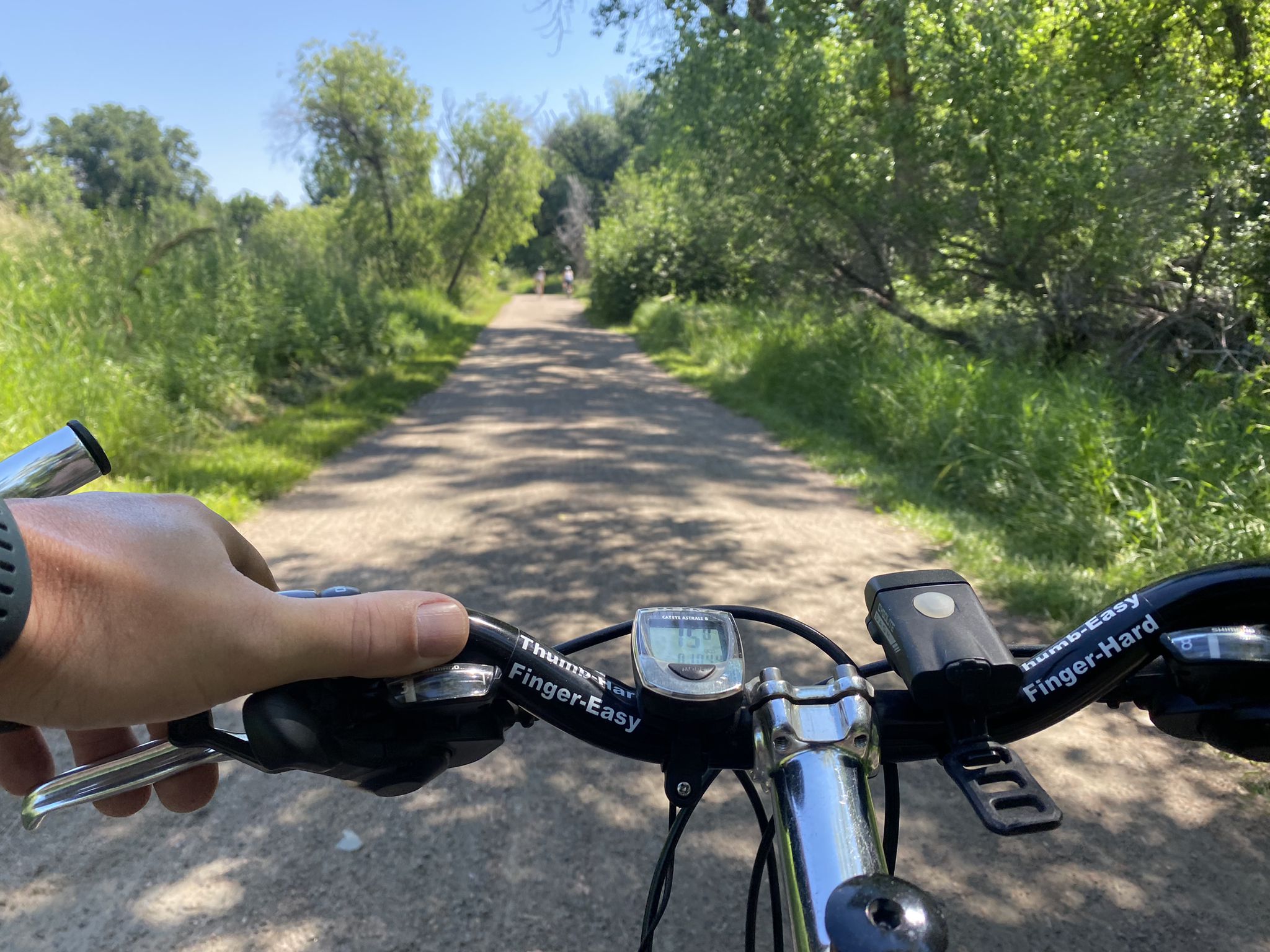 First-person view of cycling on a dirt path through lush green trees. - Adler-Fingru Open Space loop from Lafayette