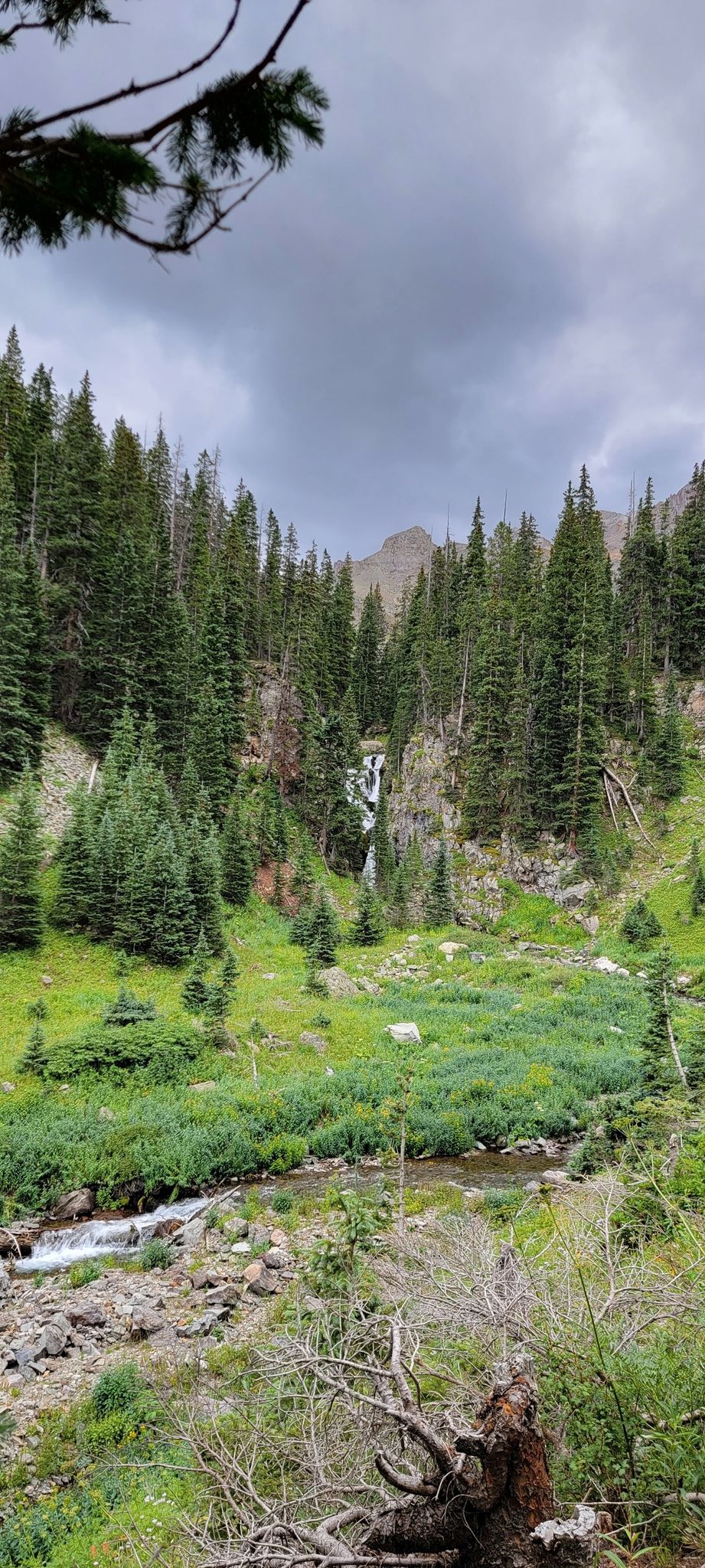 Waterfall cascades down a lush green valley with pine trees under an overcast sky. - Blue Lakes Trail
