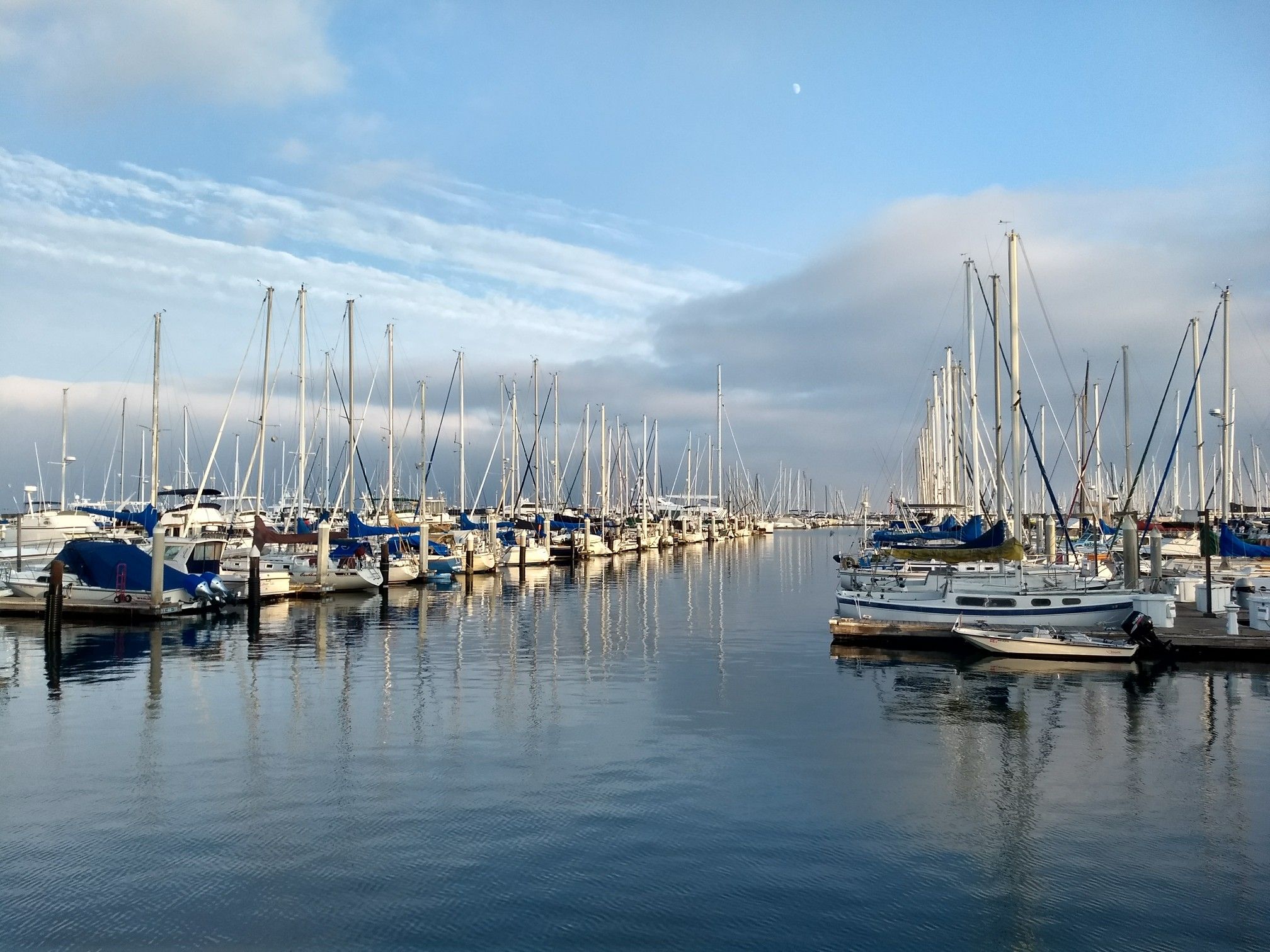 Numerous sailboats docked in a calm marina under a partly cloudy sky. - Stearns Wharf – Santa Barbara Harbor loop from Goleta
