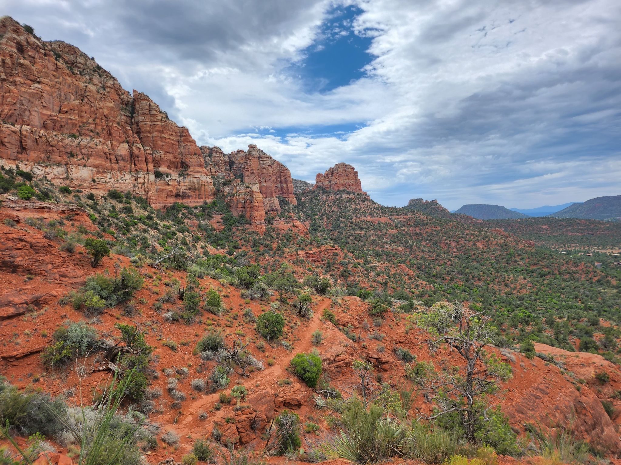 Red rock mountains and a winding trail under a cloudy sky. - Hiline and Templeton Loop