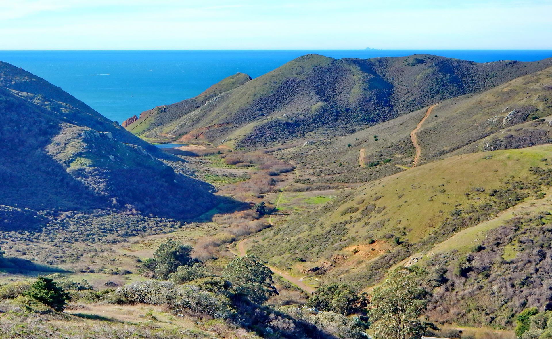 Sunny green hills and valleys leading to a bright blue ocean. - Coastal Batteries Loop via Tennessee Valley