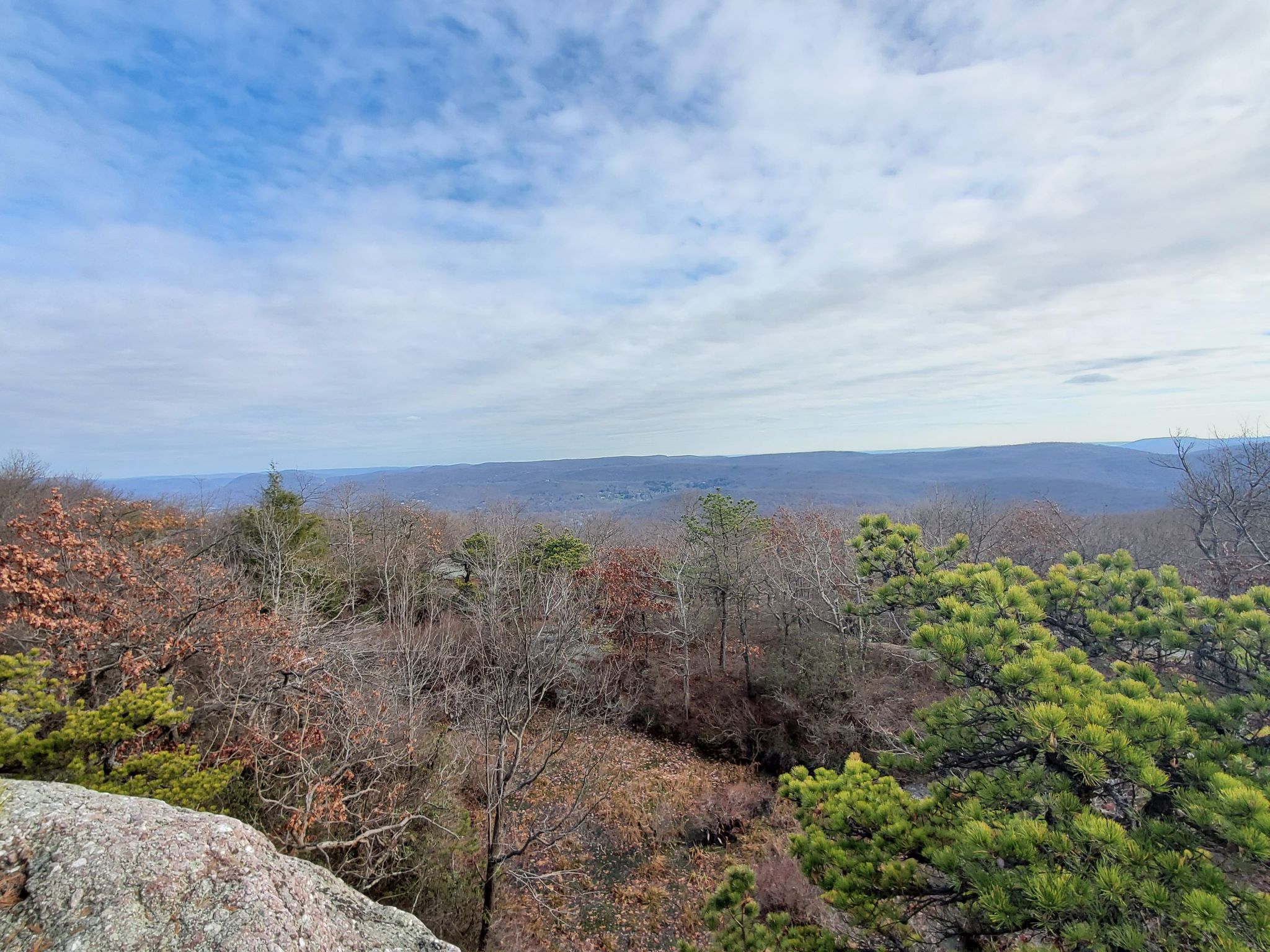 Expansive view of a forested landscape with autumn trees under a cloudy sky. - Schunemunk Mountain via Western Ridge Trail Loop