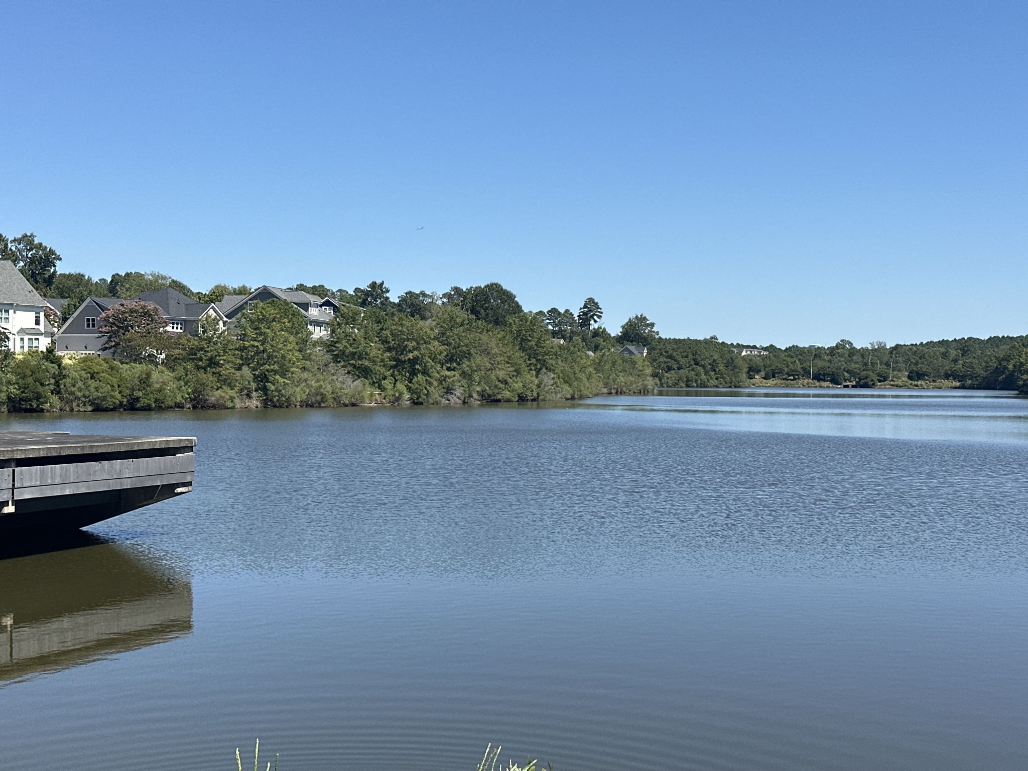 Calm lake with a dock, houses, and trees under a clear blue sky. - Cary Park Lake Greenway