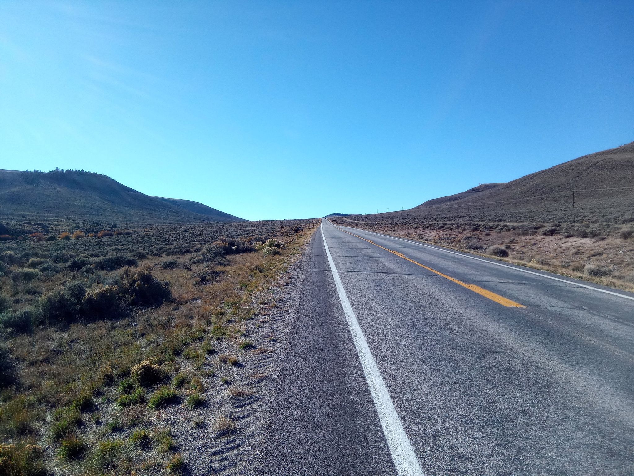 A long, straight road stretches through arid hills under a clear blue sky. - Silver Thread Scenic Byway via Blue Mesa Reservoir