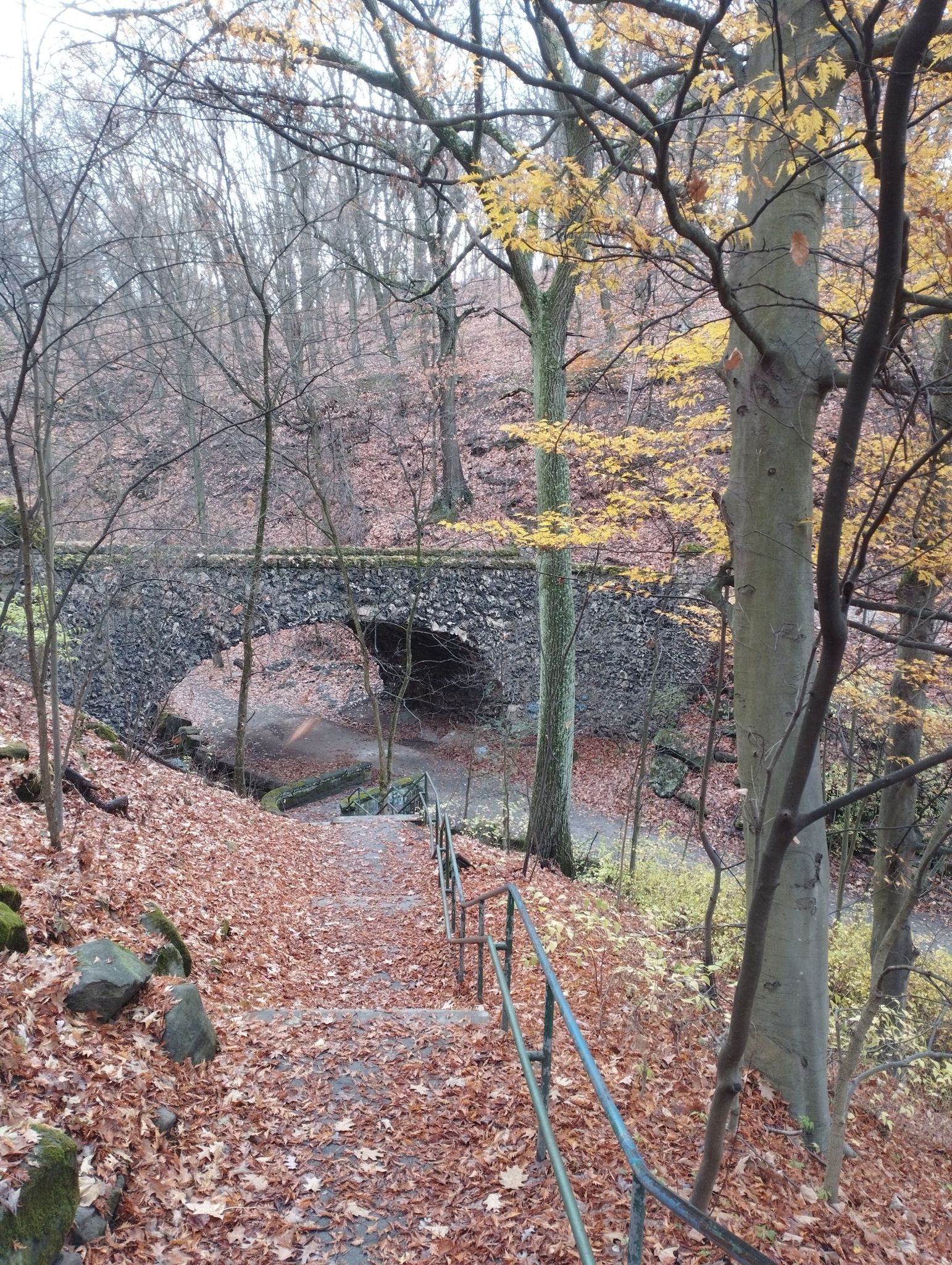 Autumn forest path leading to a stone arch bridge over a stream. - Lower Panther Hollow Trail – Westinghouse Memorial loop from Allegheny Cemetery