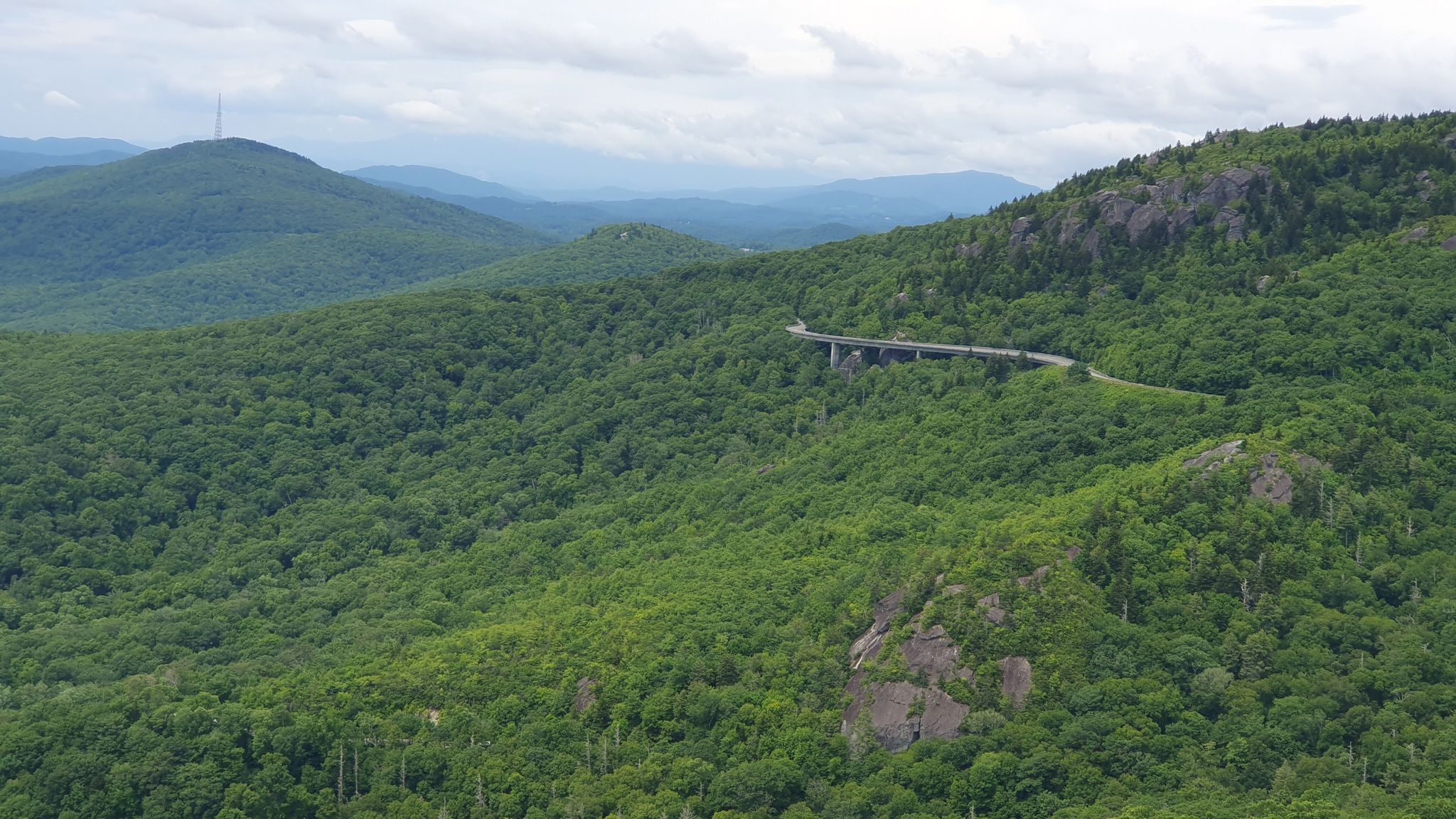 Winding road on a lush green mountain under a cloudy sky. - Rough Ridge Overlook Trail